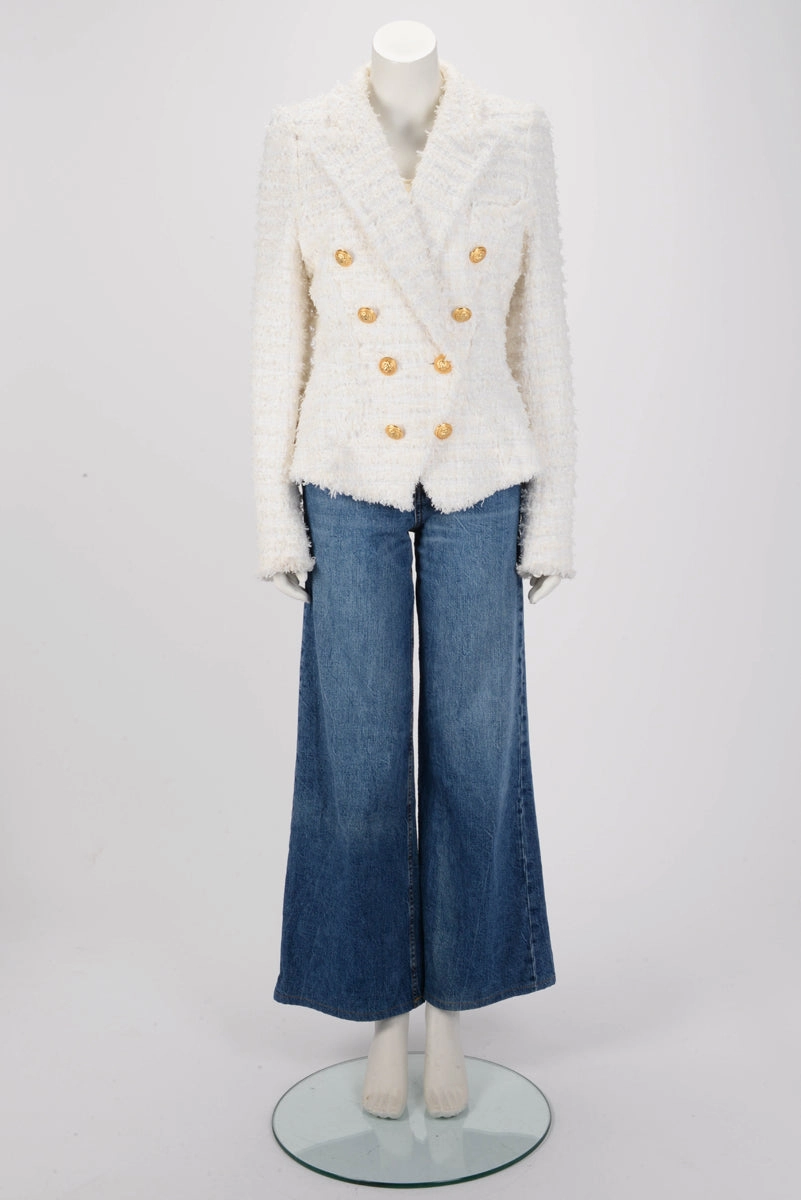 Balmain Cream Tweed Classic DB Blazer FR 46