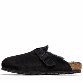 Birkenstock Boston Shearling Suede - Black Birkenstock supportive sandals with cork footbed