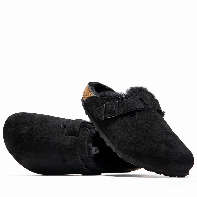 Birkenstock Boston Shearling Suede - Black Birdsoles eco-friendly shoe options