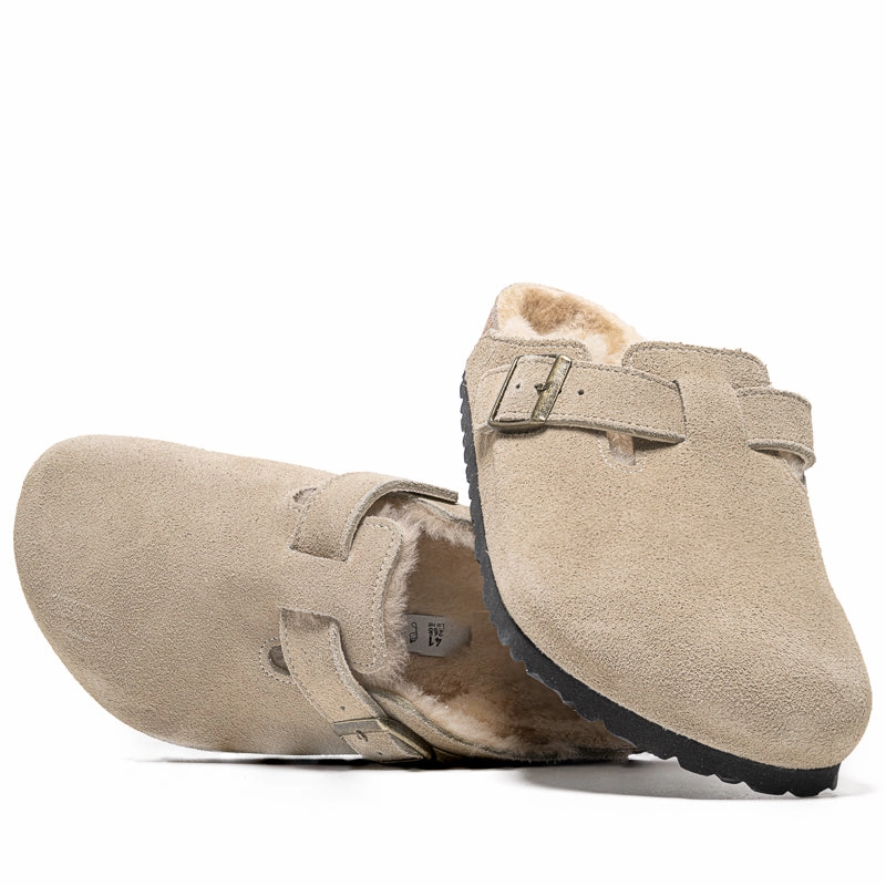 Birkenstock Boston Shearling Suede Shearling - Taupe Sand Birdsoles eco-friendly shoe options