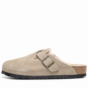 Birkenstock Boston Shearling Suede Shearling - Taupe Sand Birkenstock supportive sandals with cork footbed