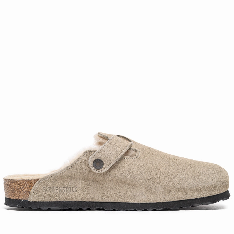 Birkenstock Boston Shearling Suede Shearling - Taupe Sand Birdsoles eco-friendly shoe options