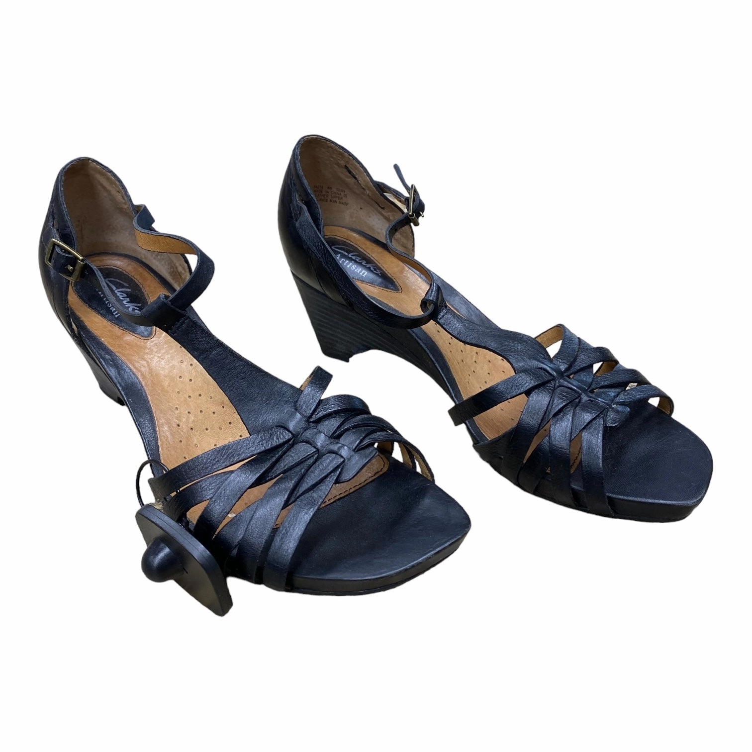 Black Shoes Heels Wedge Clarks, Size 8 Leather Footwear
