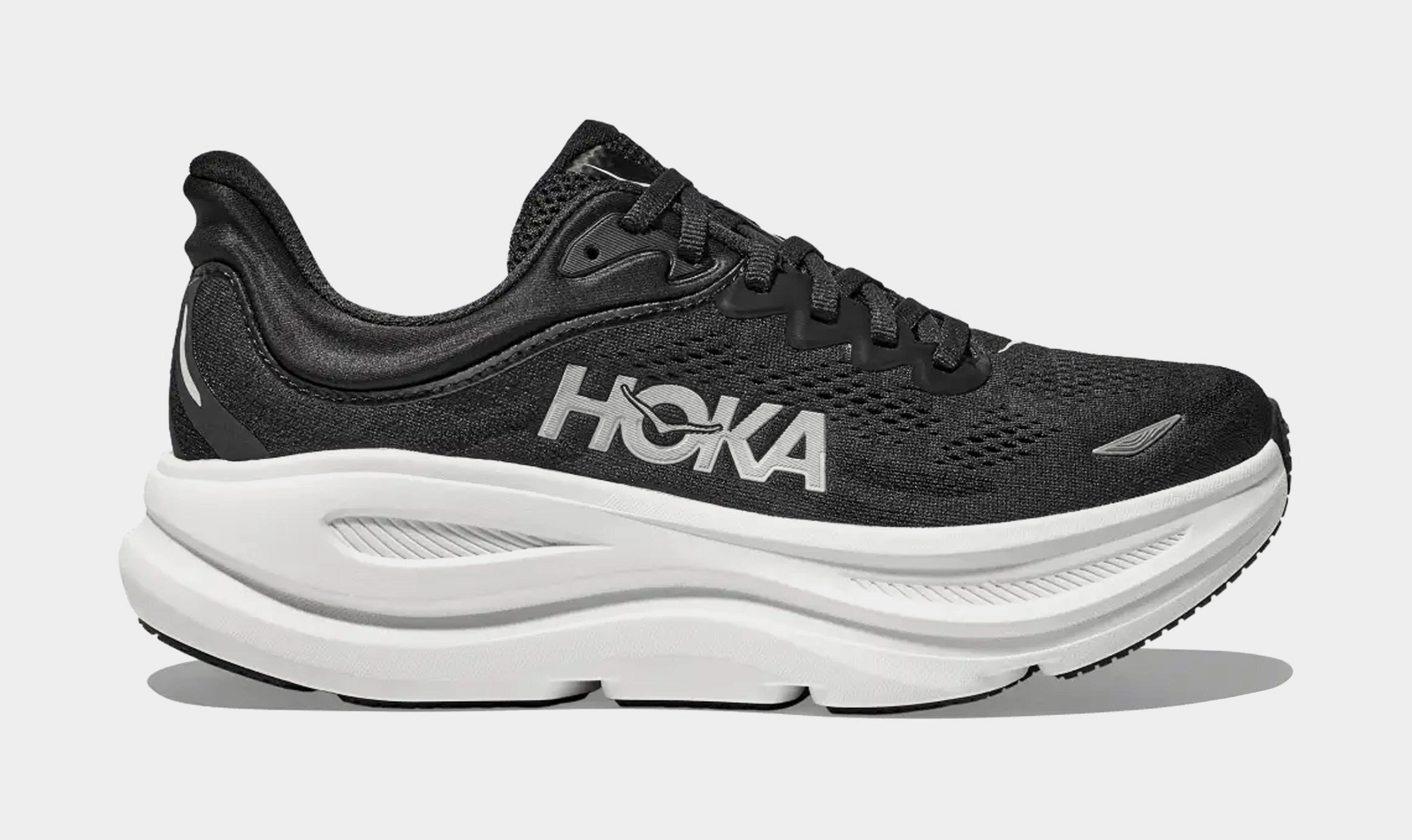 Bondi 9 Mens Running Shoes (Black/White/Black) Trail-ready Hoka hiking shoes