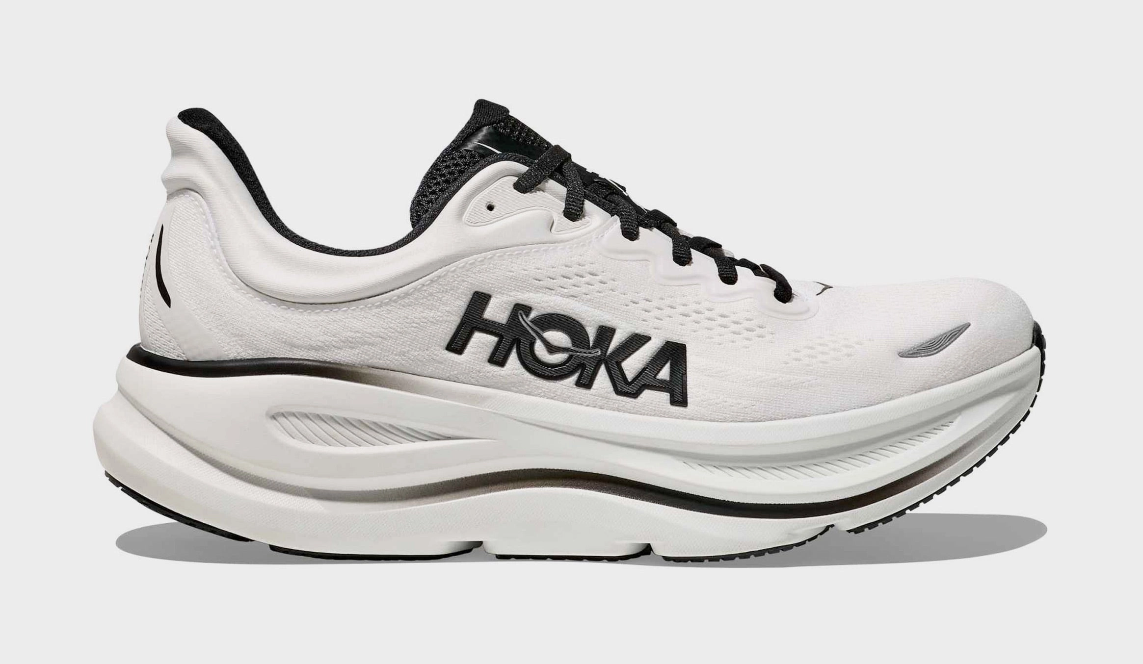 Bondi 9 Mens Running Shoes (White/Black) Trail-ready Hoka hiking shoes