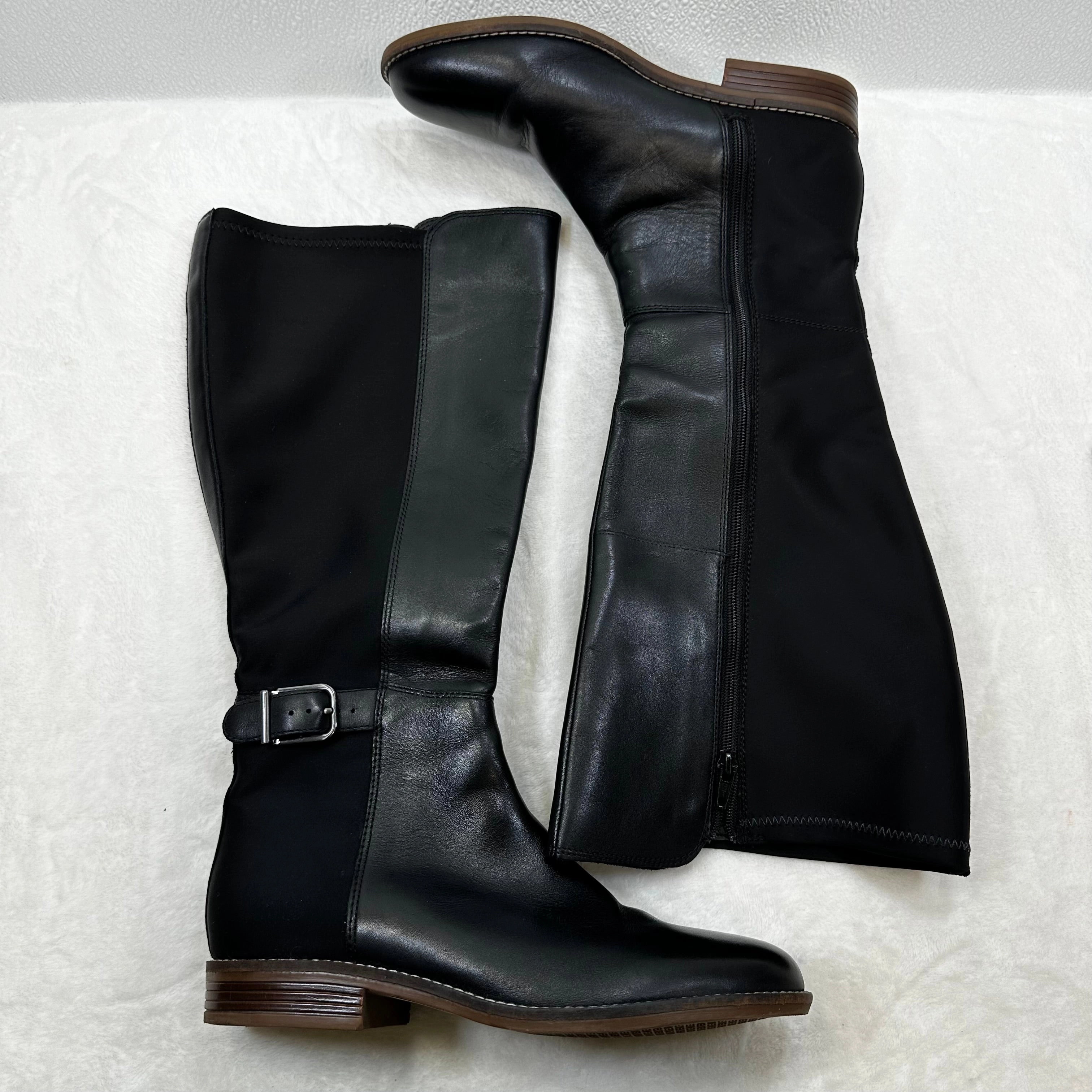 Boots Knee Flats By Clarks In Black, Size: 6 Leather Footwear