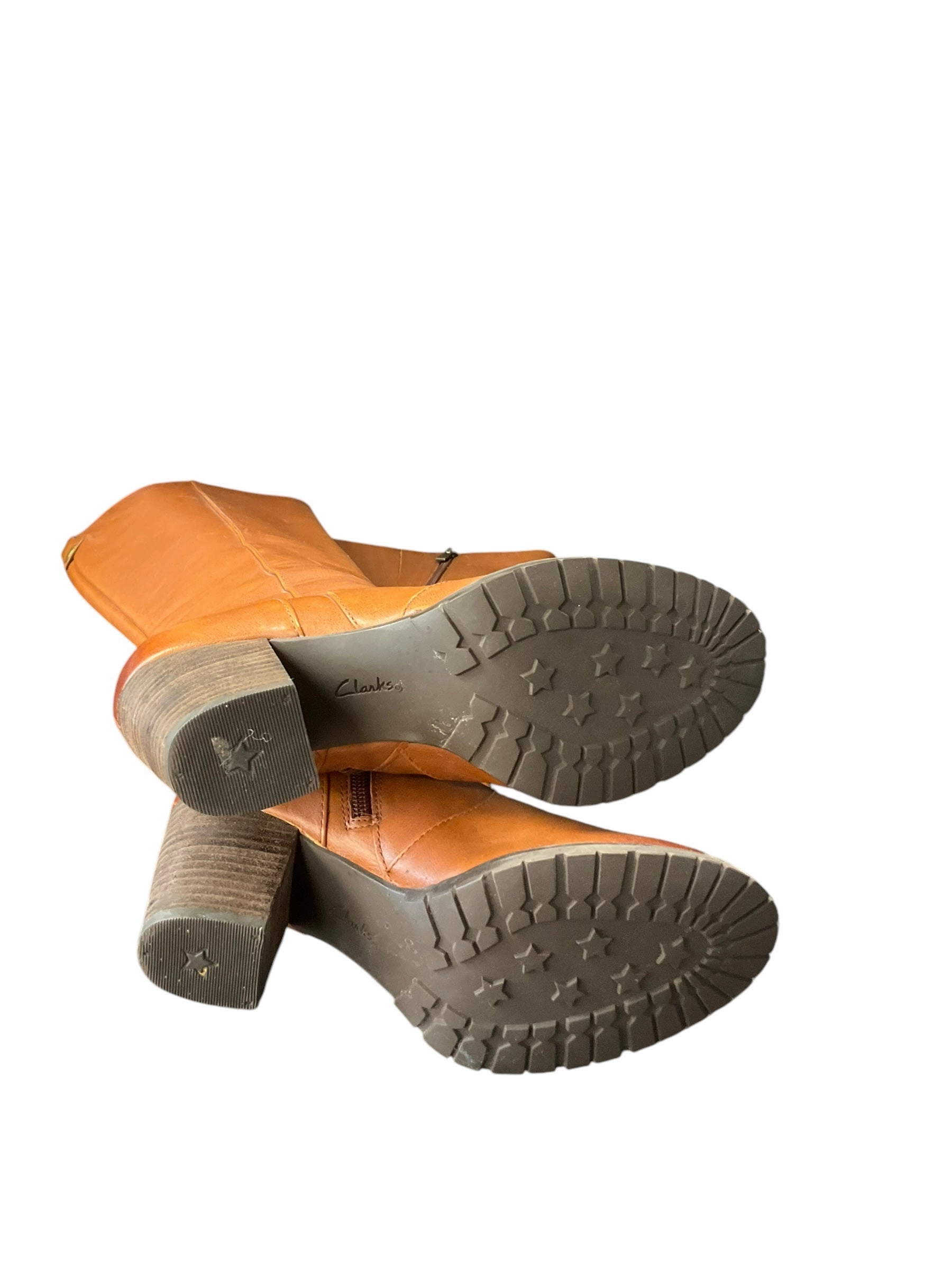 Boots Knee Heels By Clarks In Brown, Size: 6.5 Leather Footwear