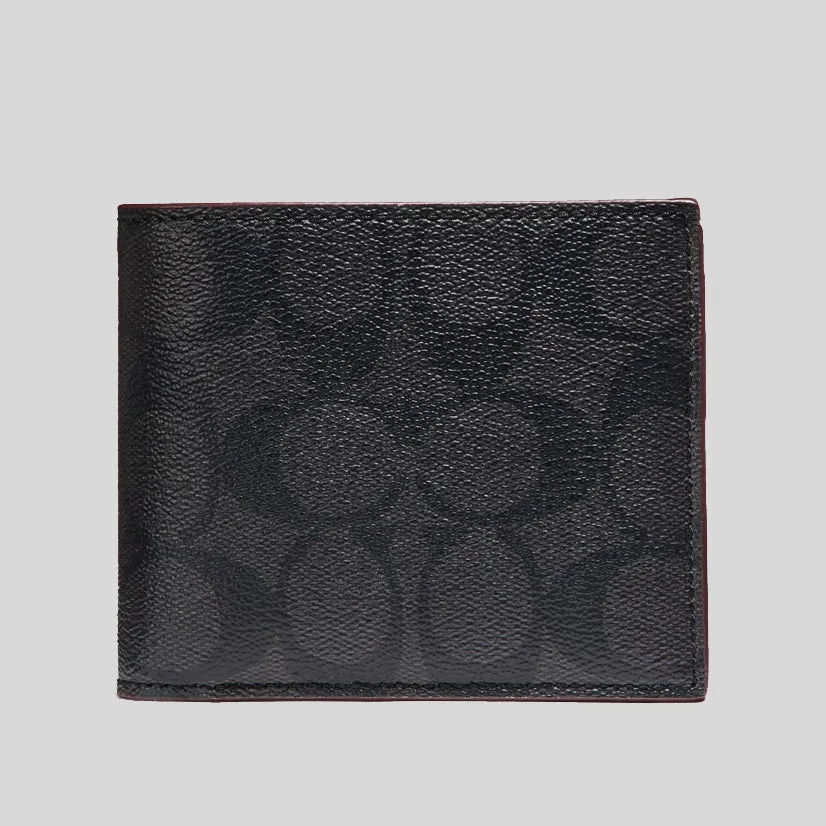 Coach Bags Coach Men's Compact ID Wallet In Signature With Oxblood Trim F25519