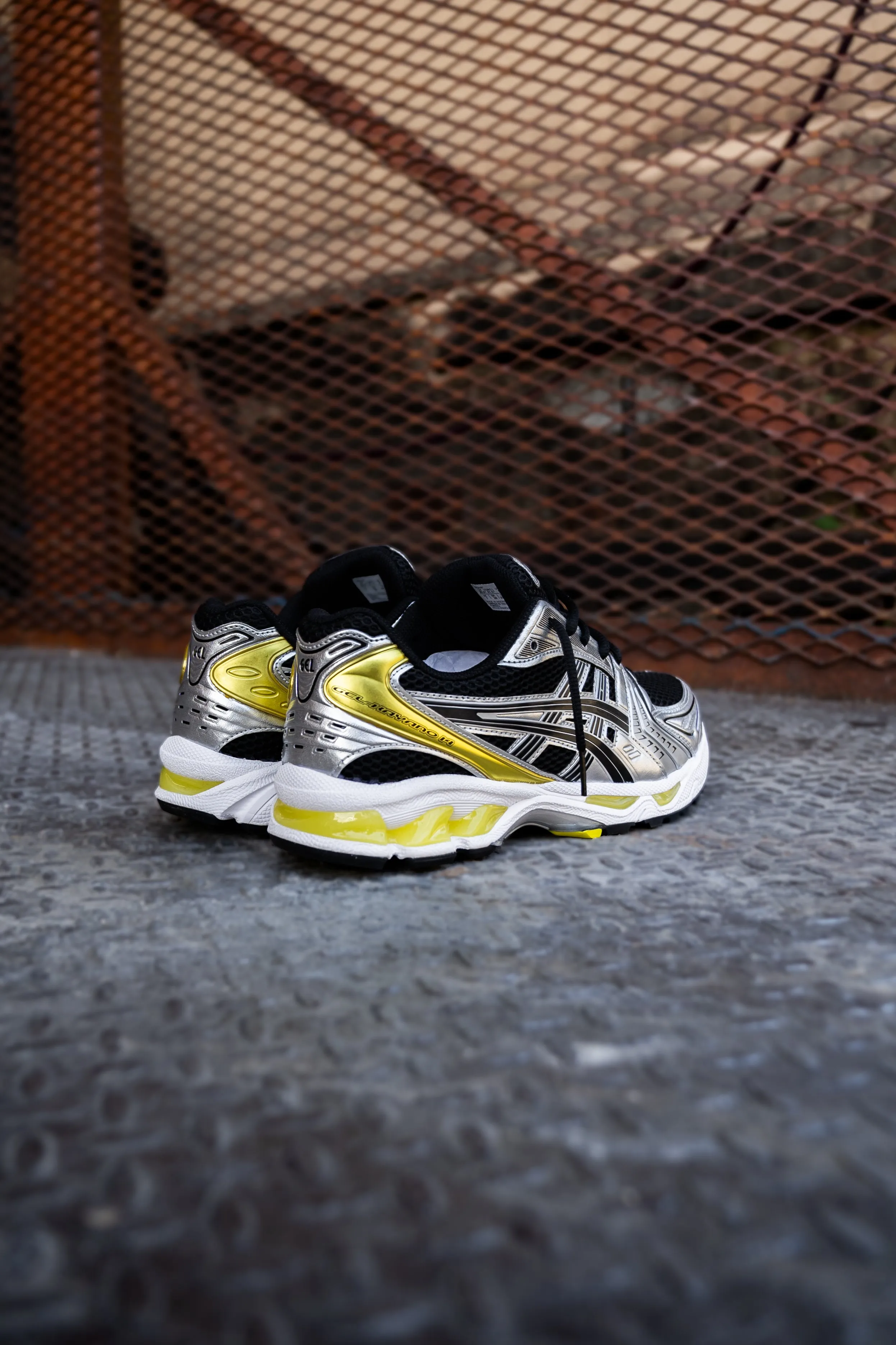 Mens Asics Gel Kayano 14 (Black/Lemon Spark) running shoe close-up shots