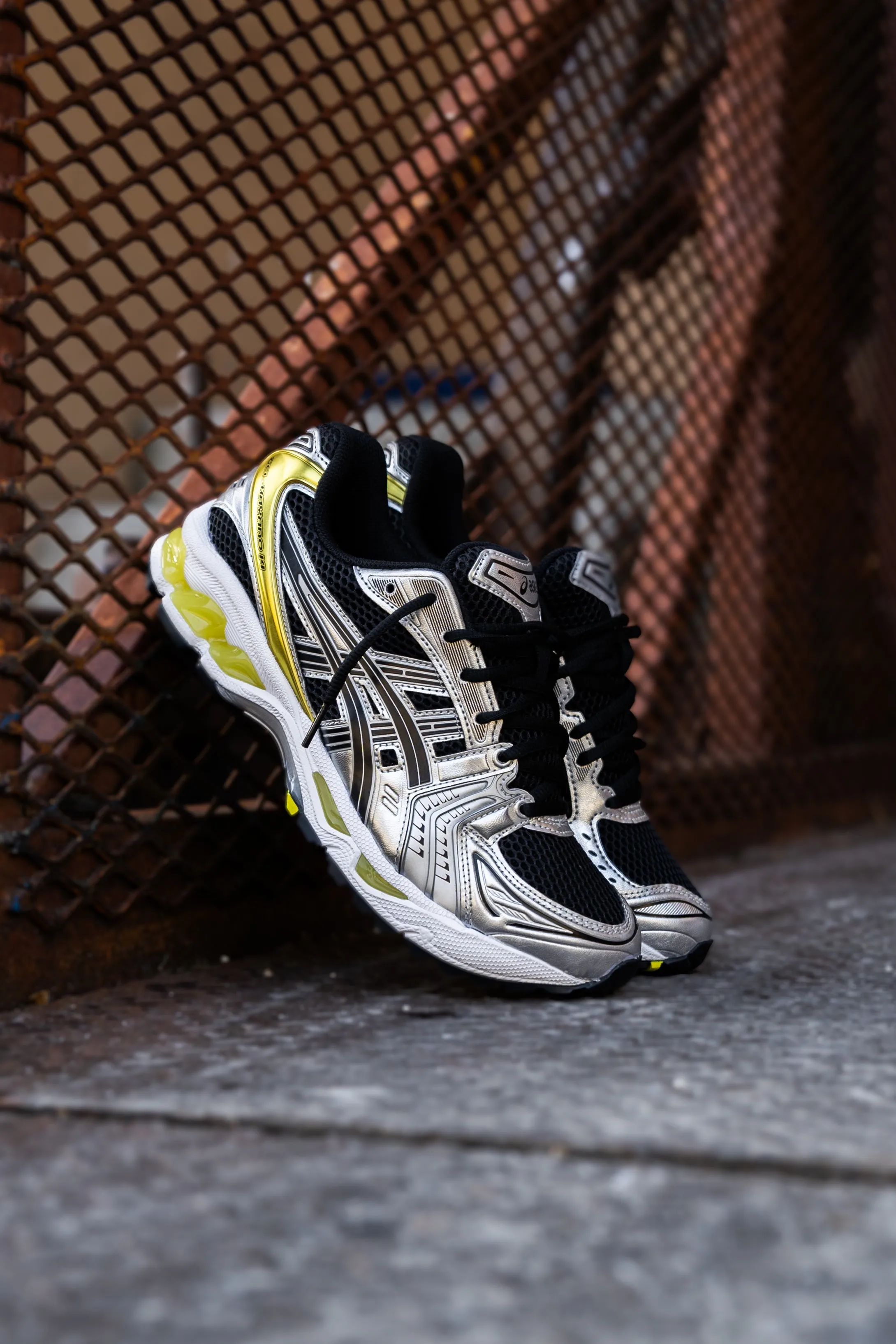 Mens Asics Gel Kayano 14 (Black/Lemon Spark) running shoe close-up shots