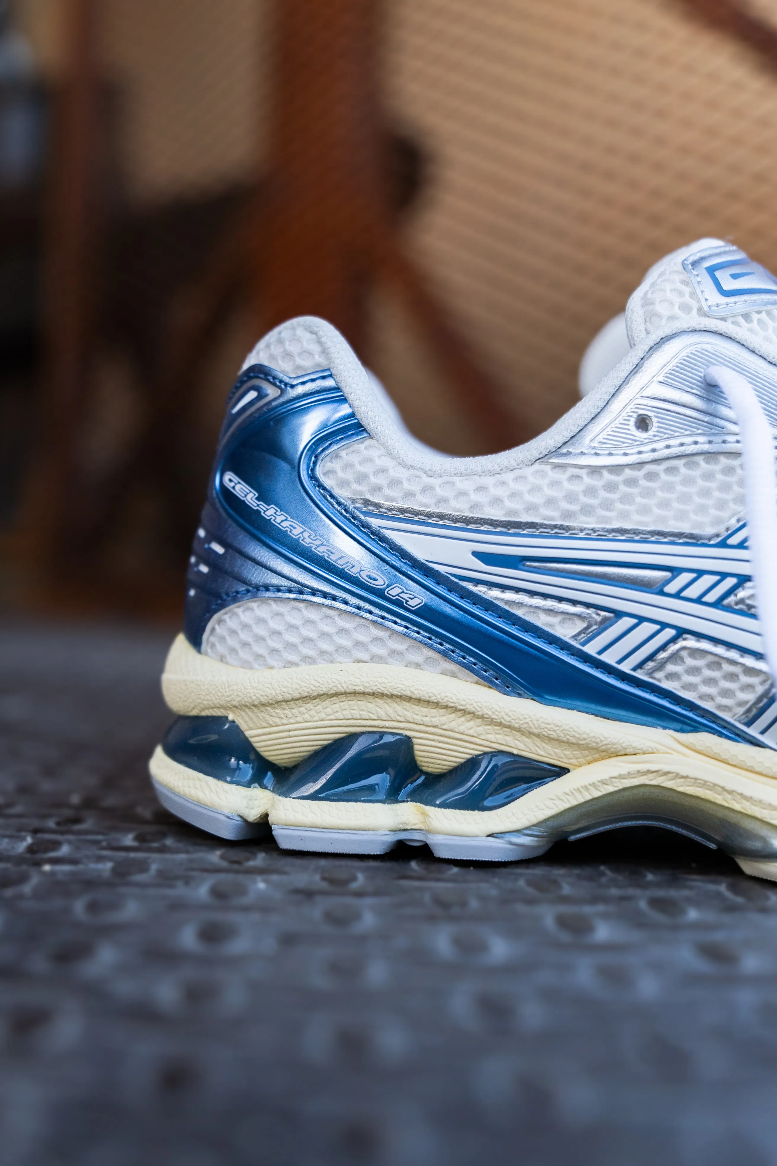 Mens Asics Gel-Kayano 14 (Cream/Denim Blue) running shoe close-up shots