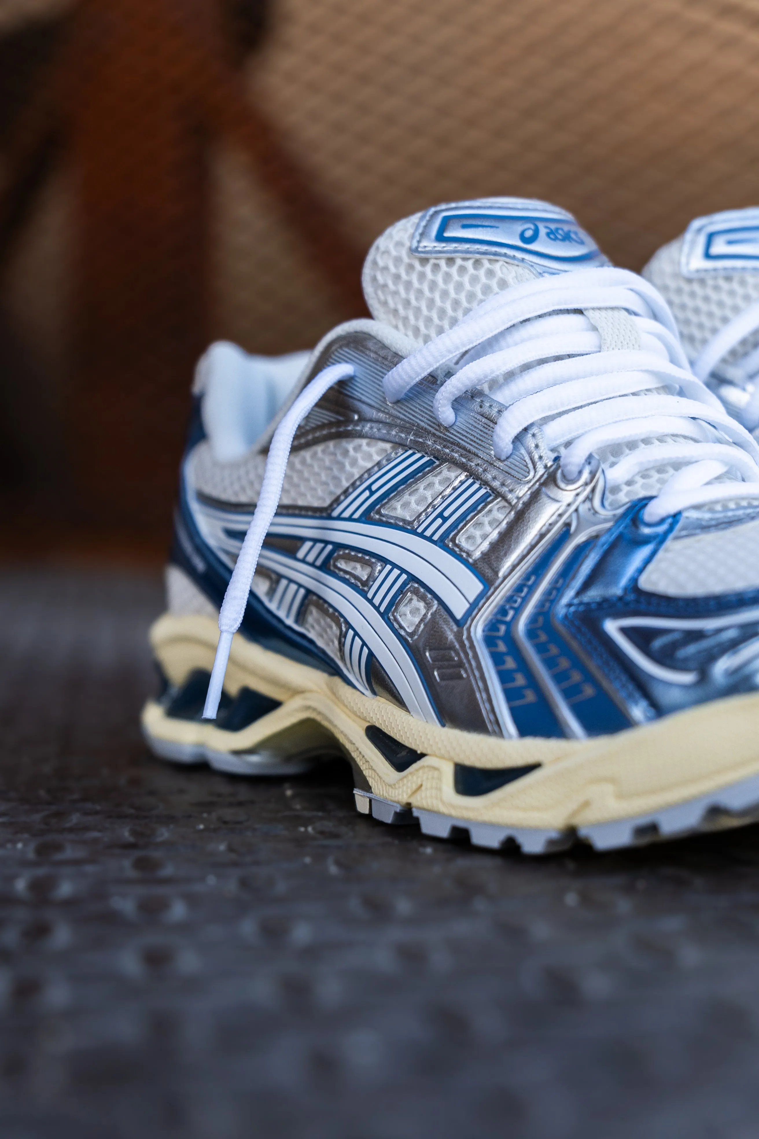 Mens Asics Gel-Kayano 14 (Cream/Denim Blue) running shoe close-up shots