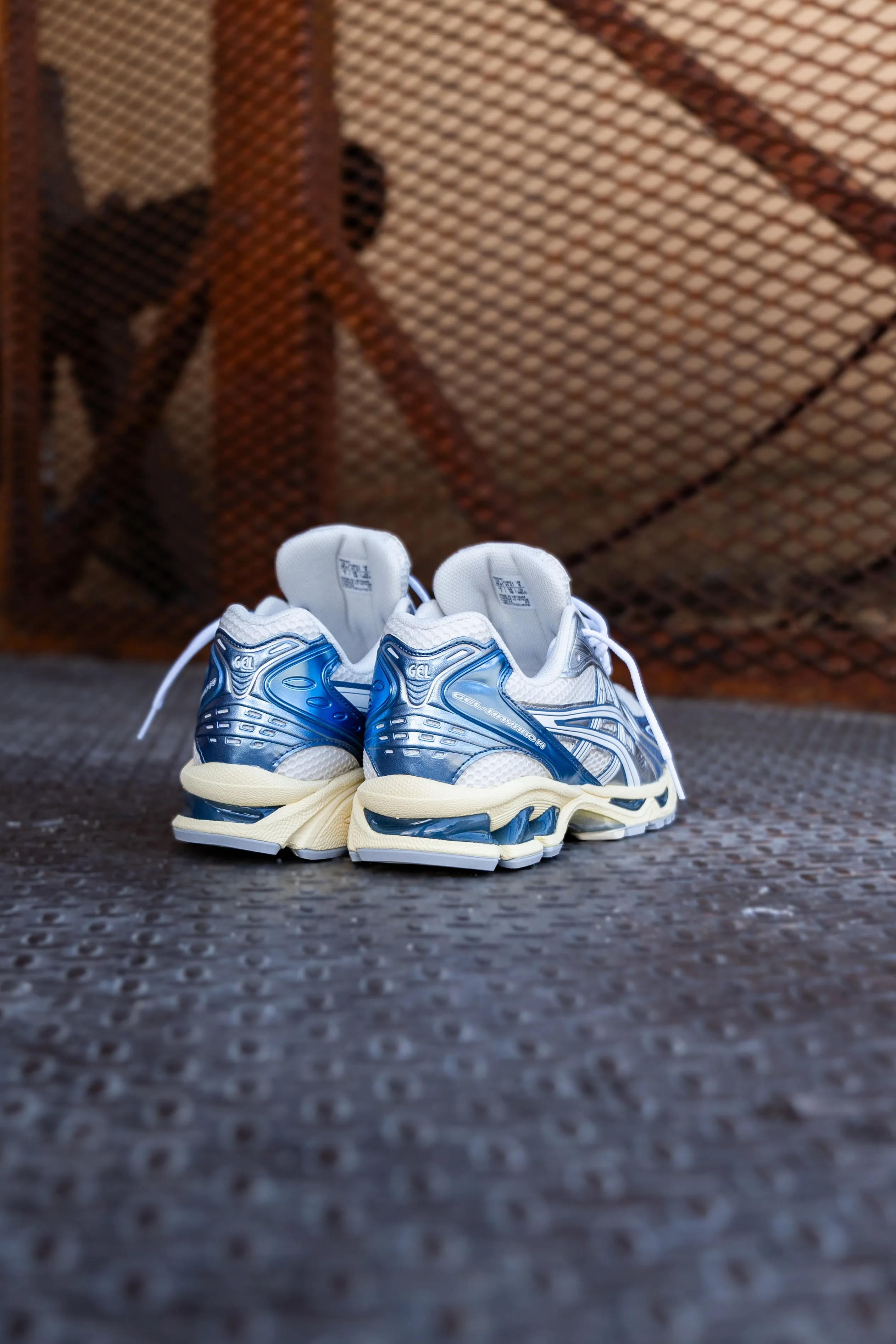 Mens Asics Gel-Kayano 14 (Cream/Denim Blue) running shoe close-up shots