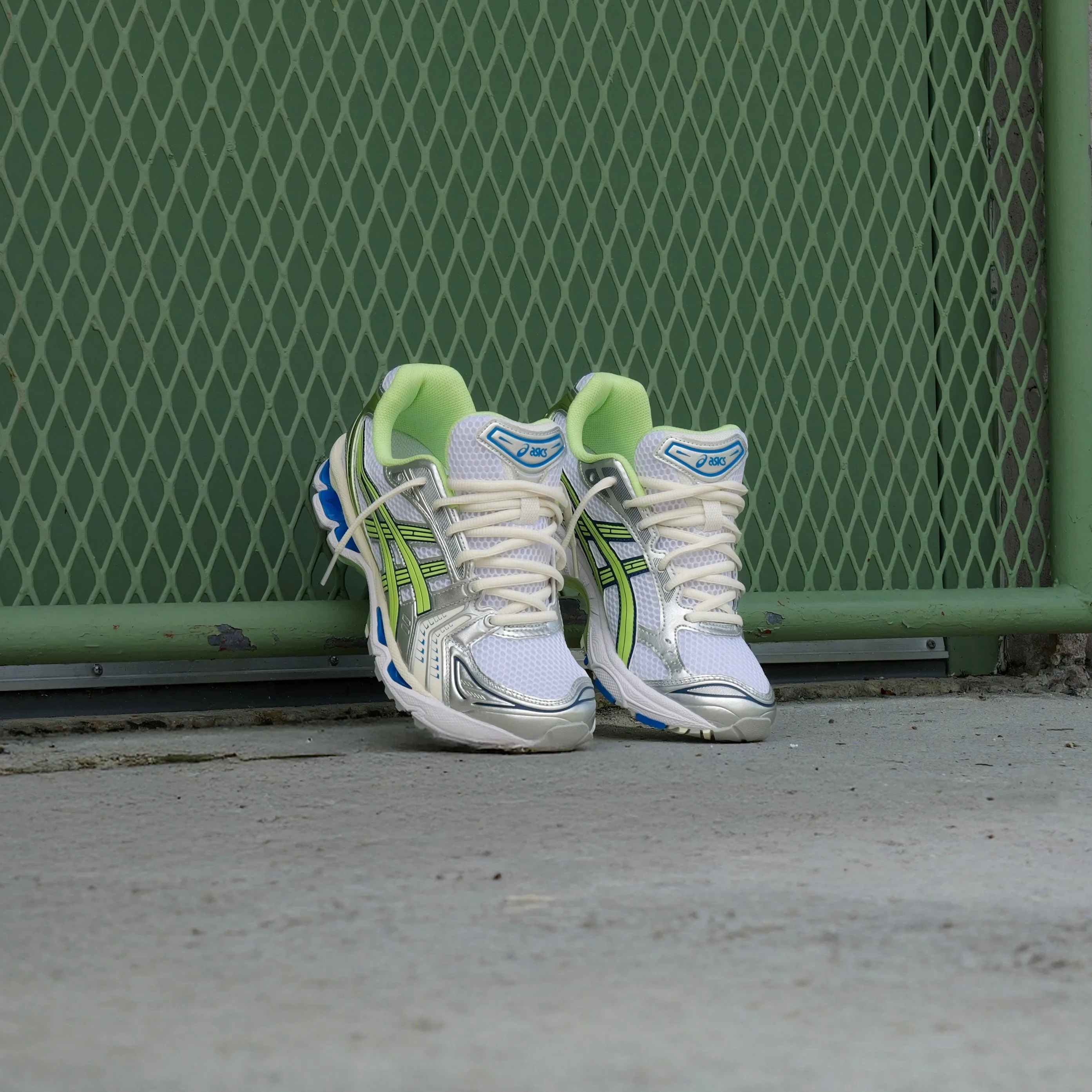 Mens Asics Gel-Kayano 14 (White/Lime Green) running shoe close-up shots