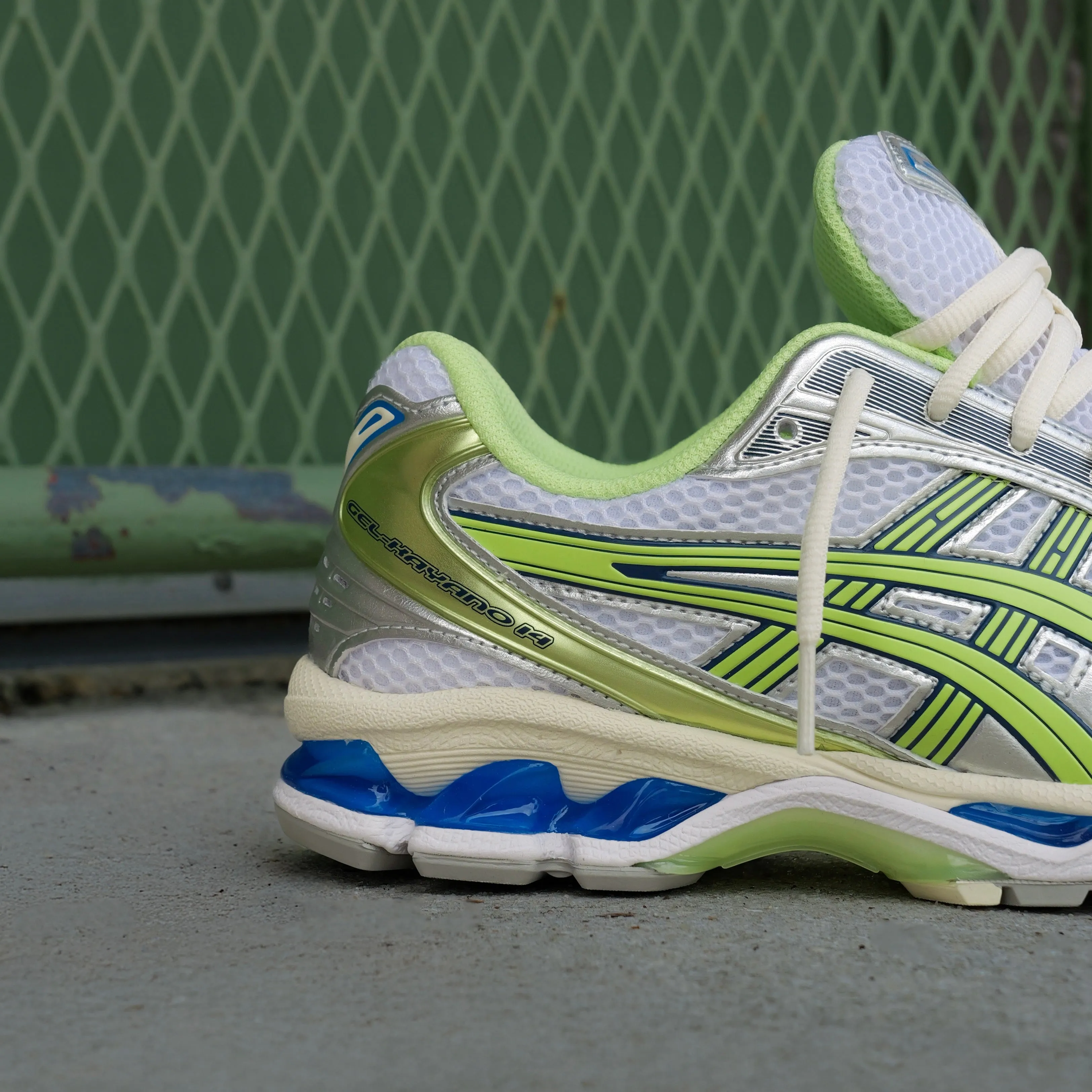 Mens Asics Gel-Kayano 14 (White/Lime Green) running shoe close-up shots