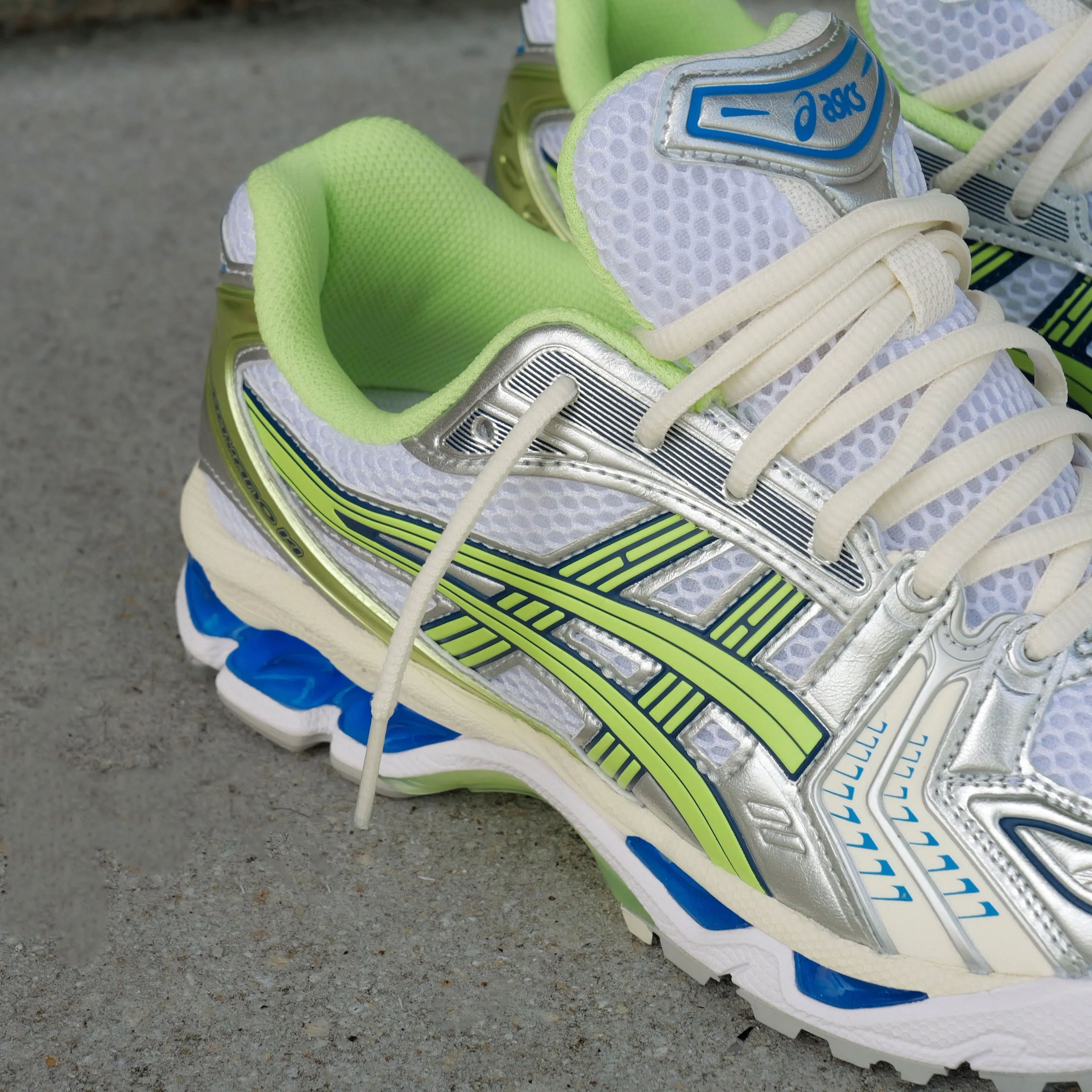 Mens Asics Gel-Kayano 14 (White/Lime Green) running shoe close-up shots