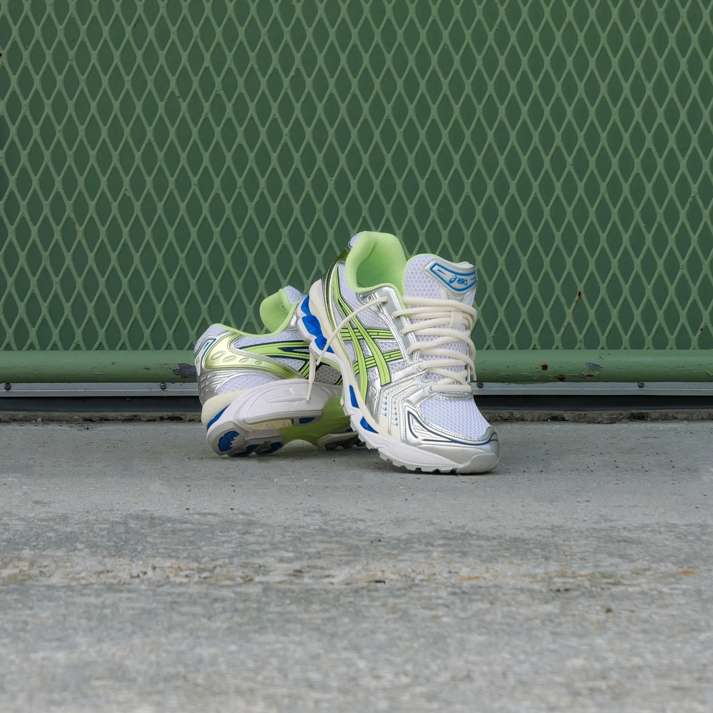 Mens Asics Gel-Kayano 14 (White/Lime Green) running shoe close-up shots