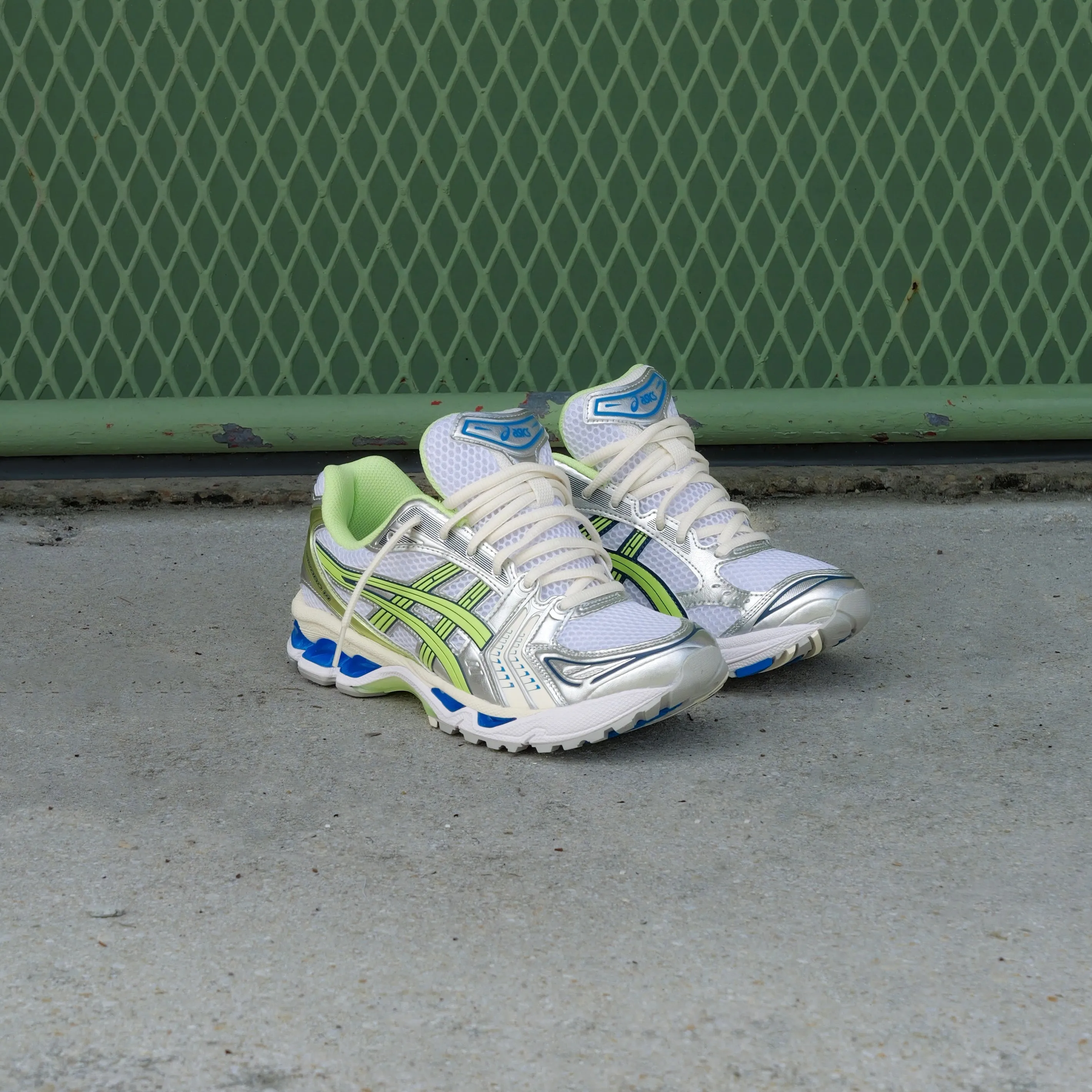 Mens Asics Gel-Kayano 14 (White/Lime Green) running shoe close-up shots