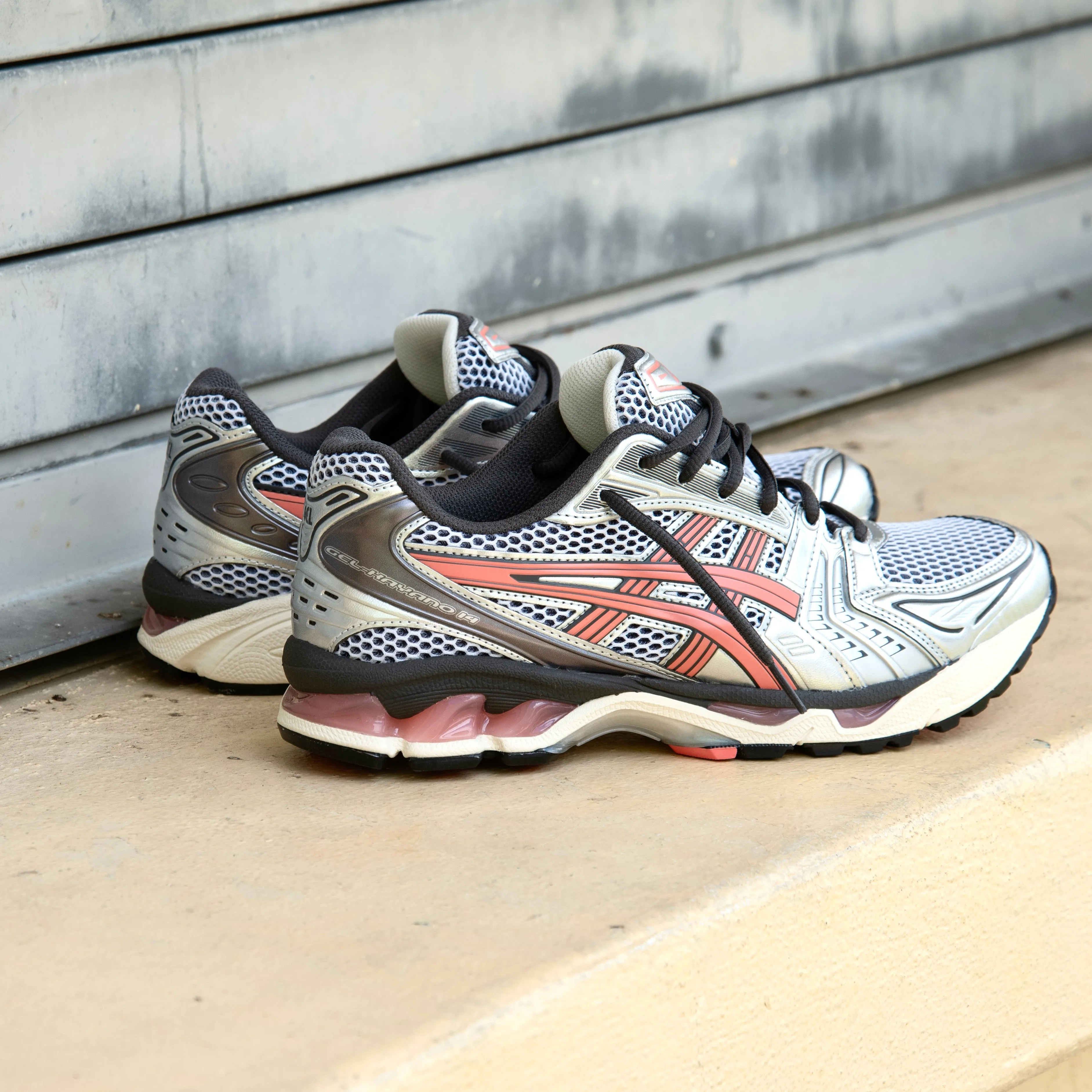 Mens Asics Gel-Kayano 14 (White/Papaya) running shoe close-up shots
