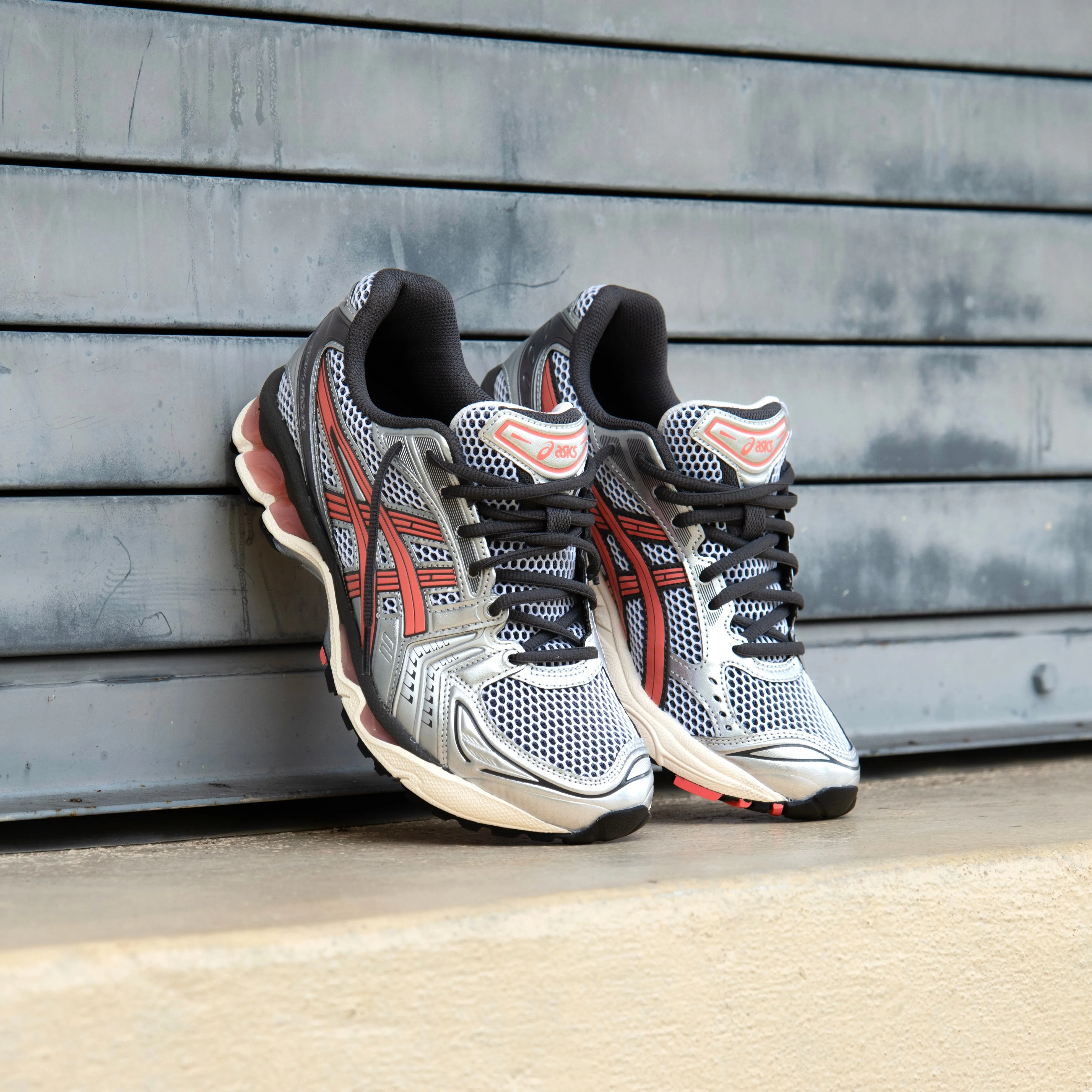 Mens Asics Gel-Kayano 14 (White/Papaya) running shoe close-up shots
