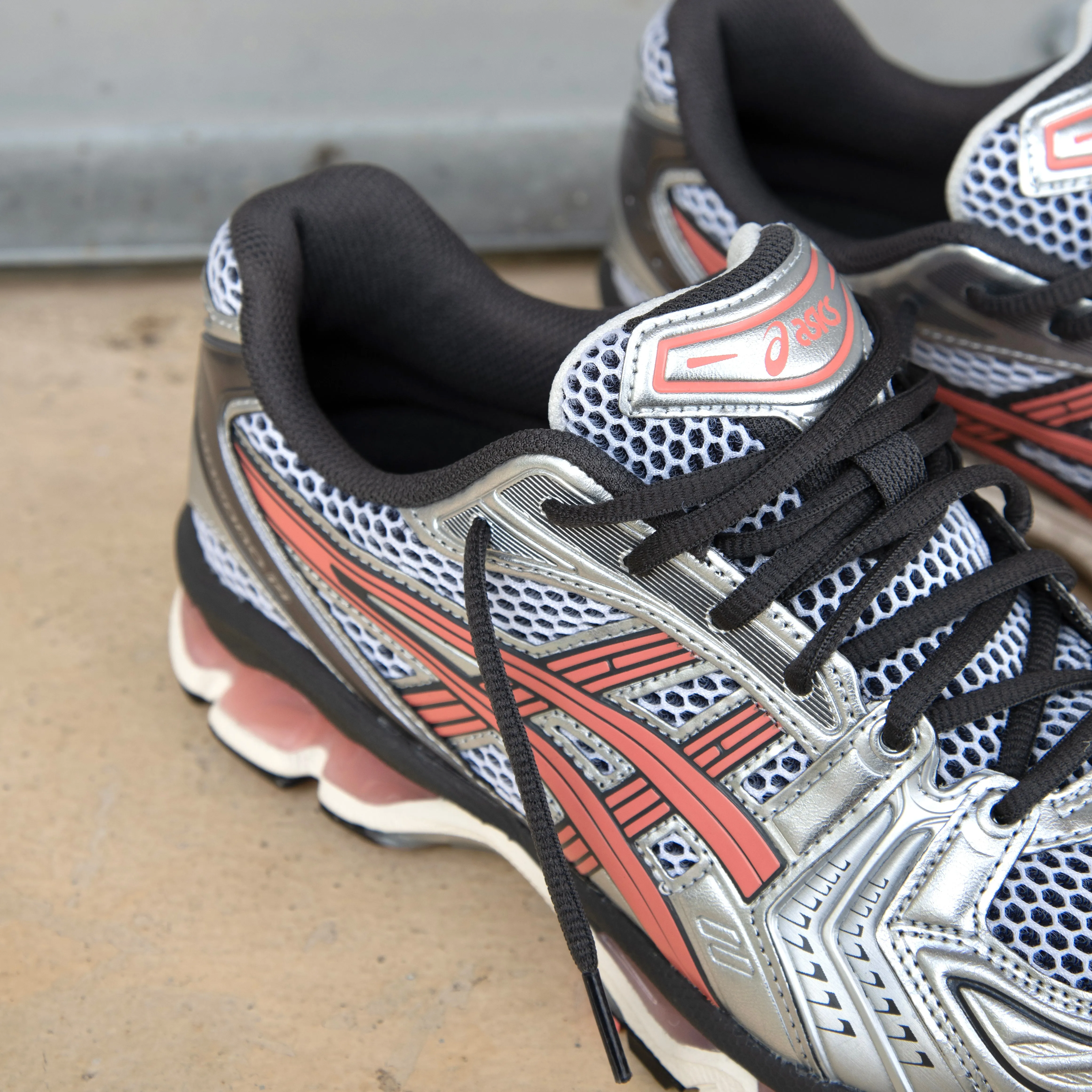 Mens Asics Gel-Kayano 14 (White/Papaya) running shoe close-up shots