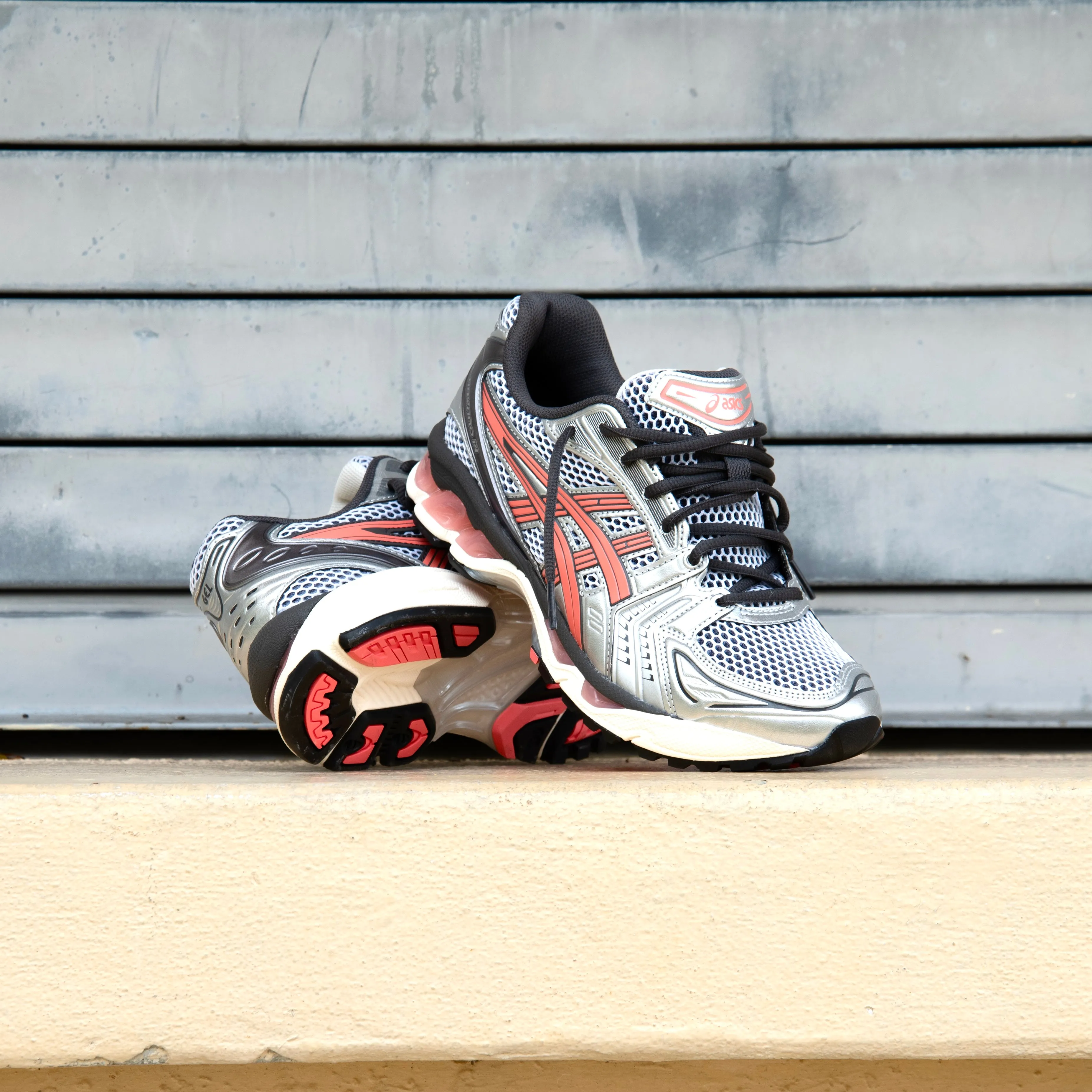 Mens Asics Gel-Kayano 14 (White/Papaya) running shoe close-up shots