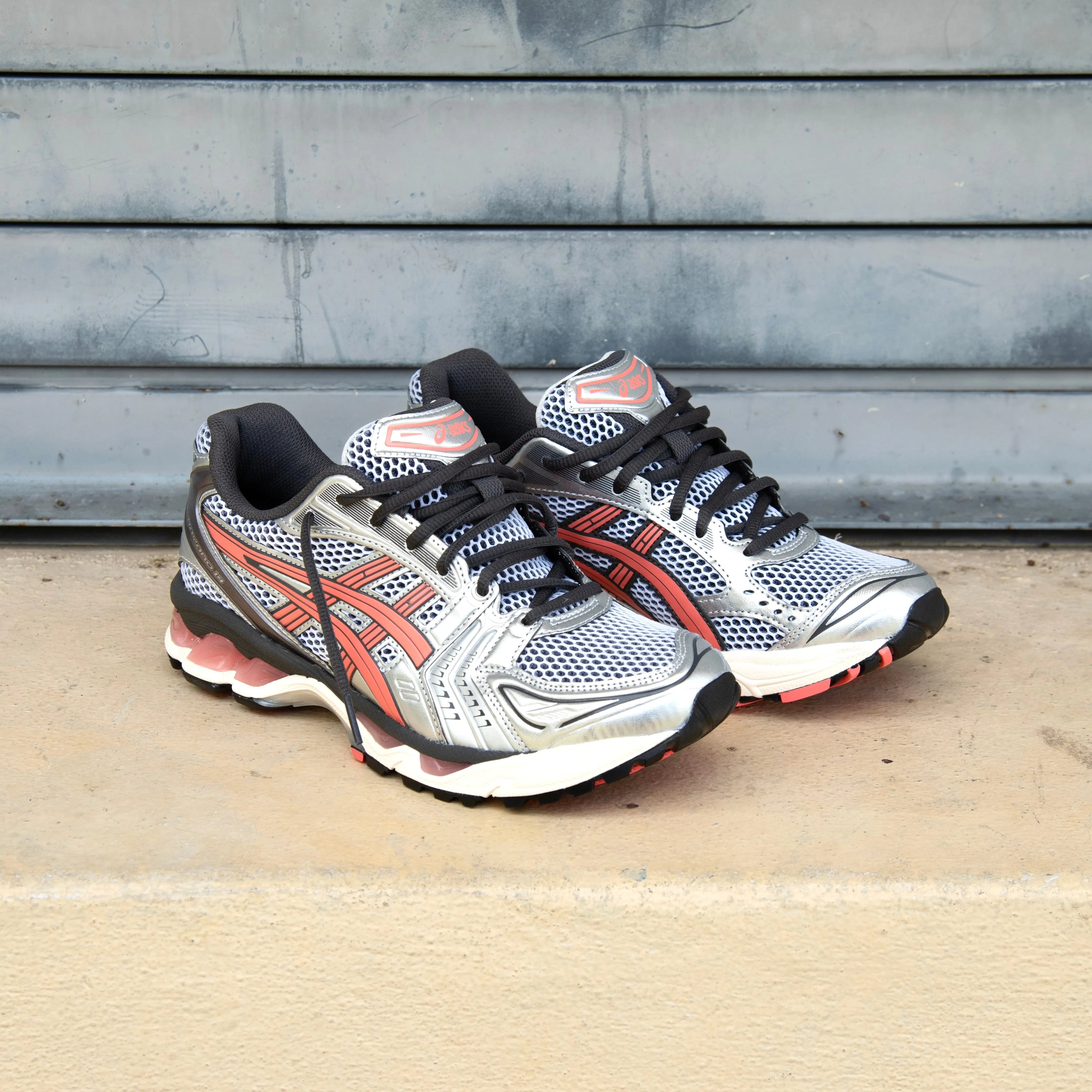 Mens Asics Gel-Kayano 14 (White/Papaya) running shoe close-up shots