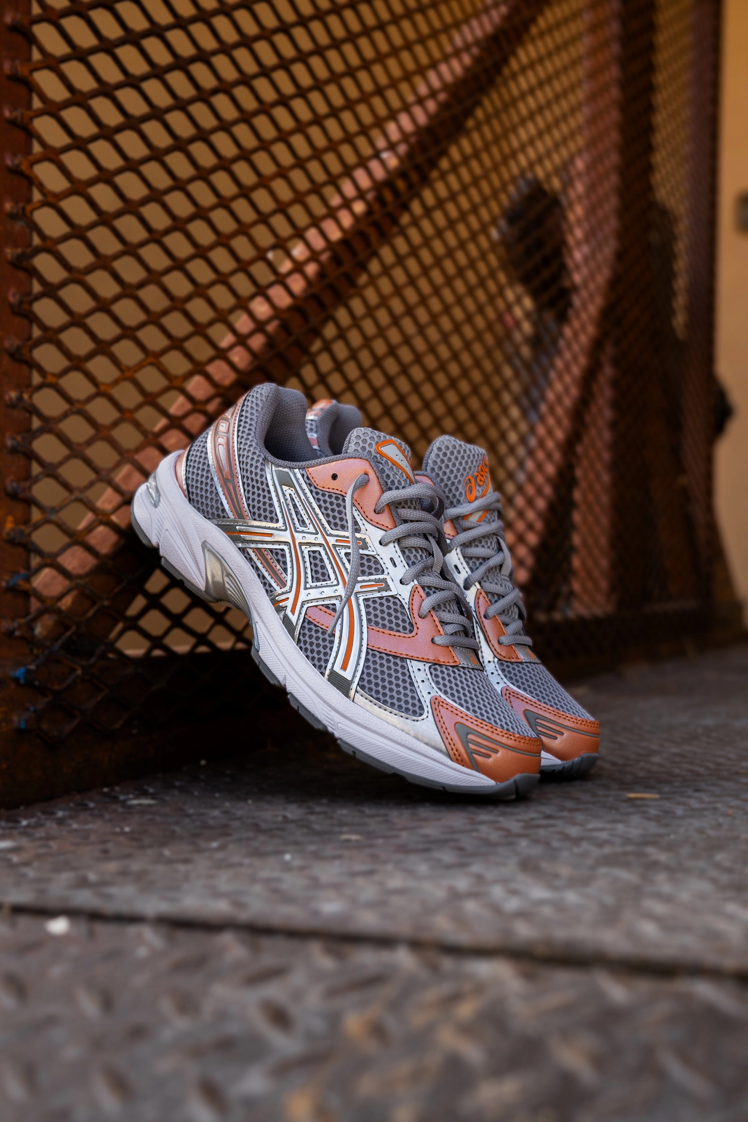 Mens Asics Gel-1130 (Cement Grey/Rust Orange) running shoe close-up shots