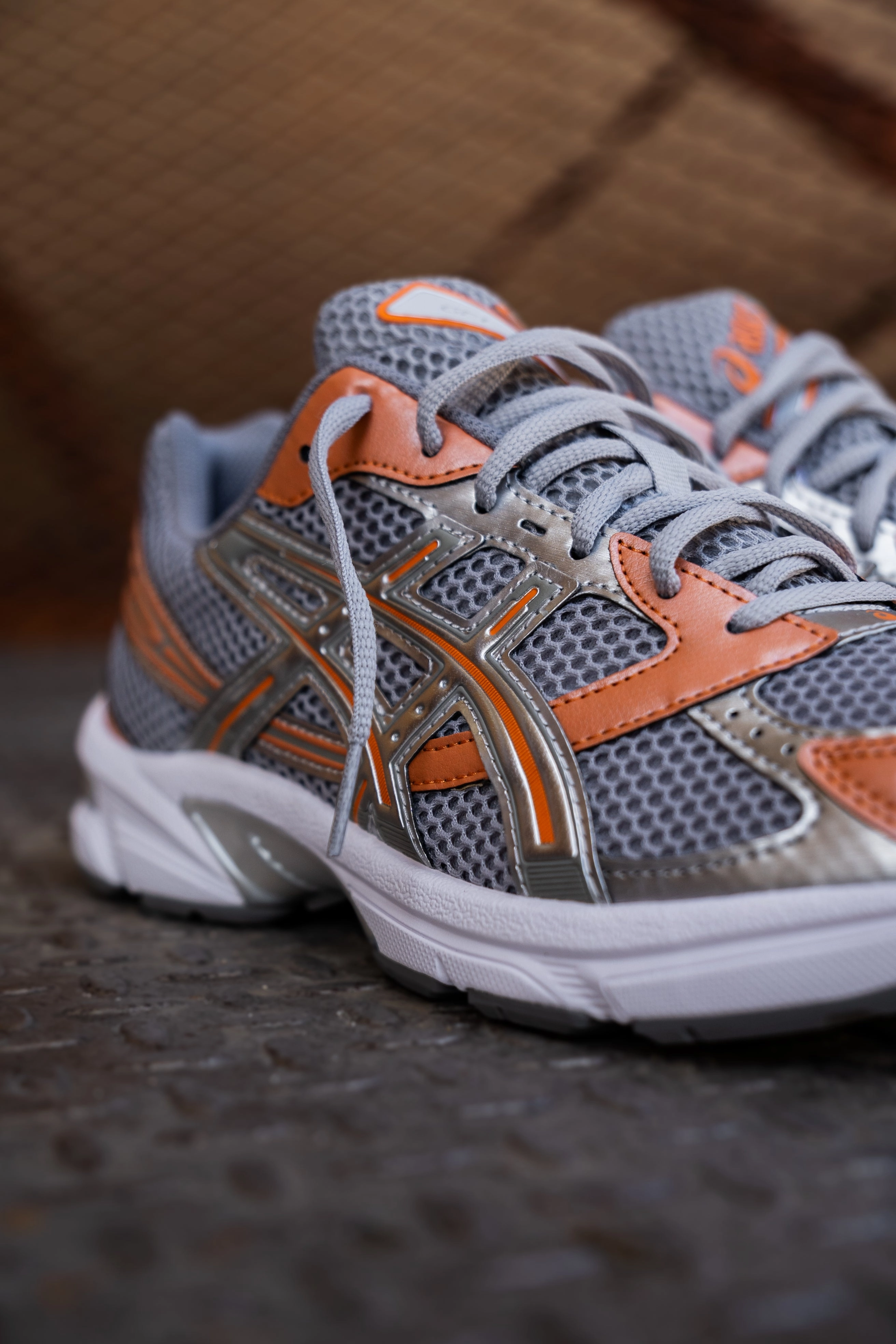 Mens Asics Gel-1130 (Cement Grey/Rust Orange) running shoe close-up shots