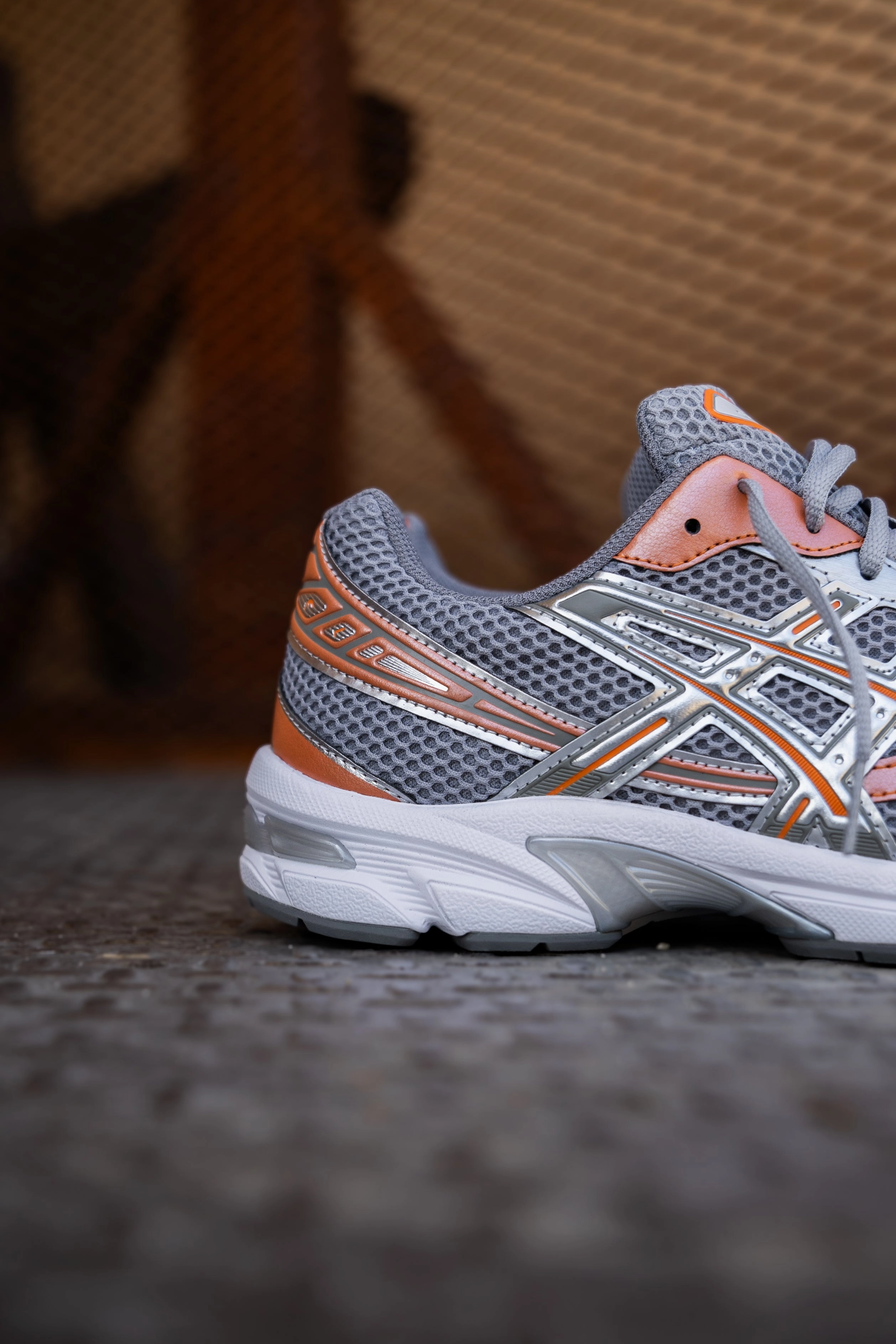 Mens Asics Gel-1130 (Cement Grey/Rust Orange) running shoe close-up shots