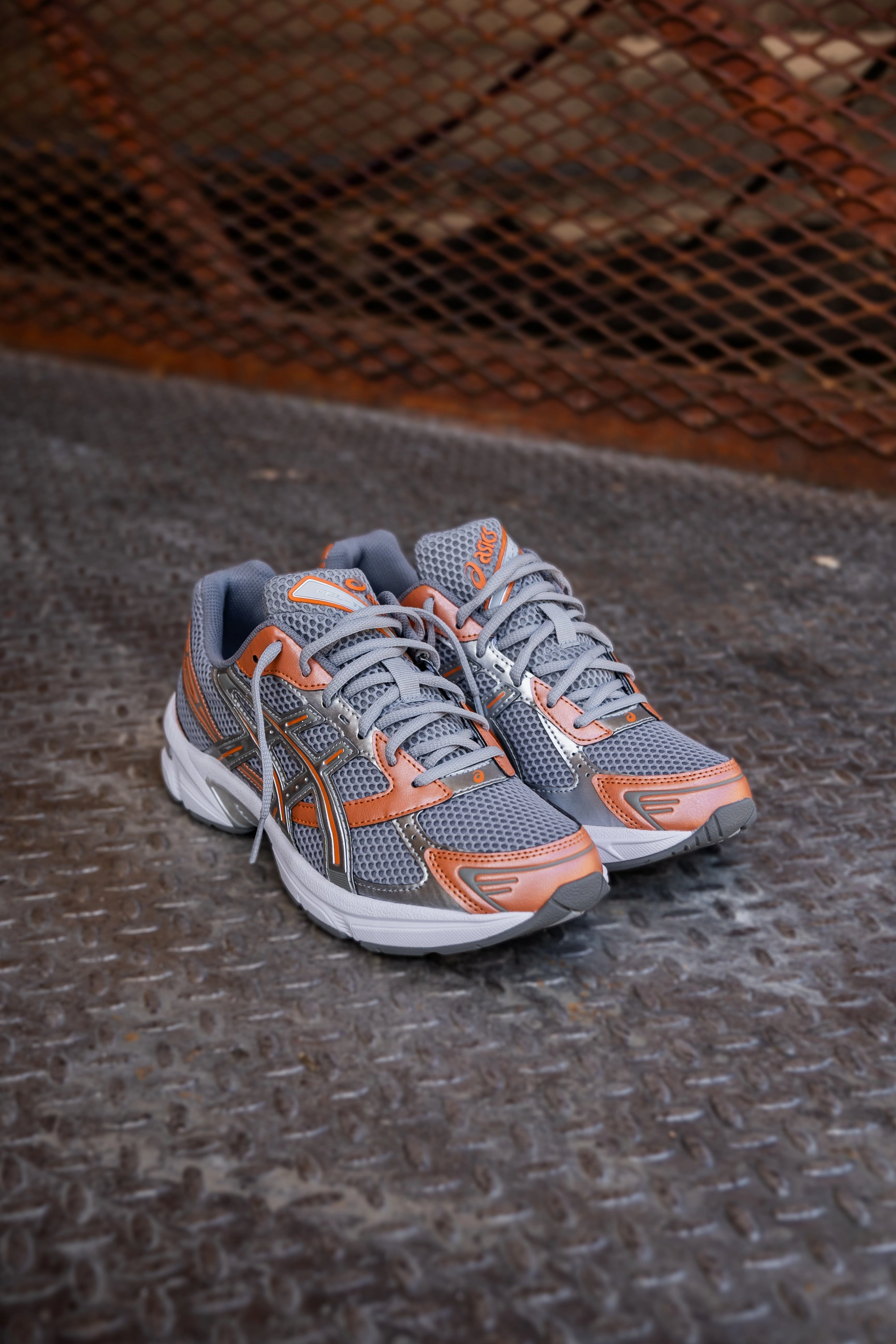 Mens Asics Gel-1130 (Cement Grey/Rust Orange) running shoe close-up shots