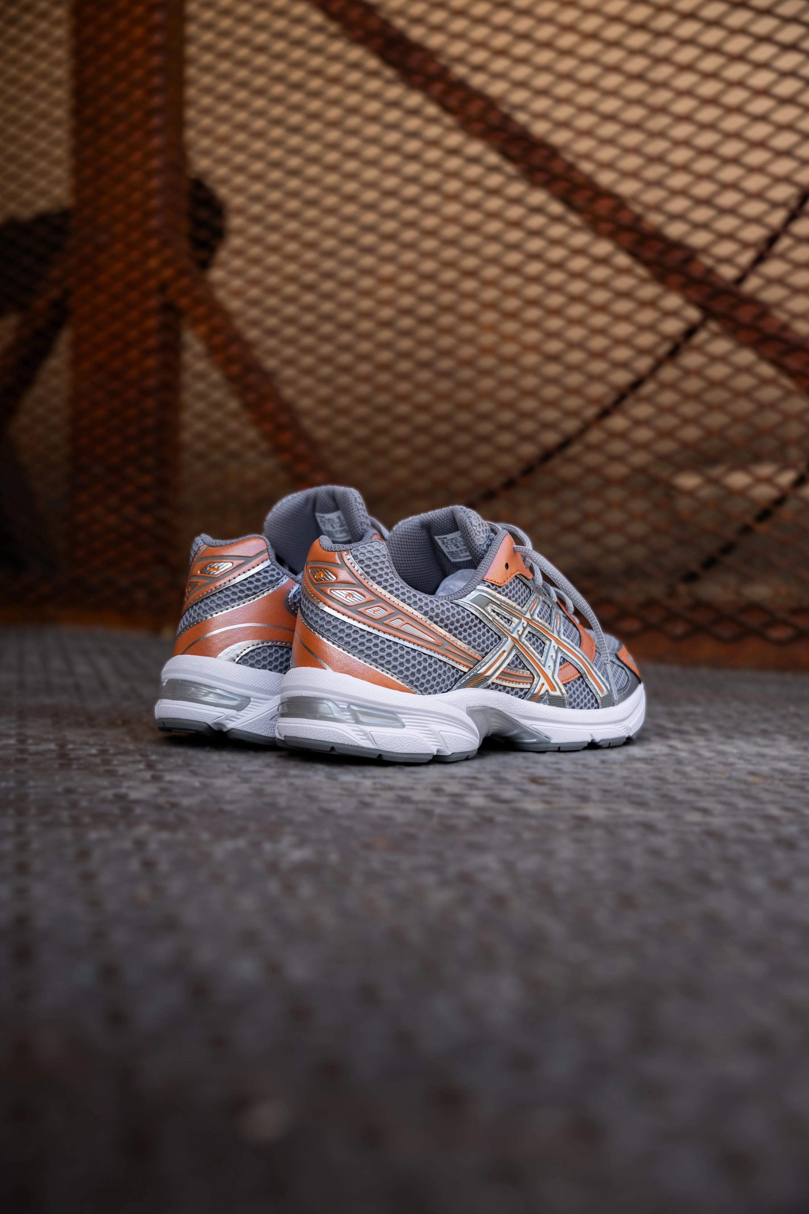 Mens Asics Gel-1130 (Cement Grey/Rust Orange) running shoe close-up shots