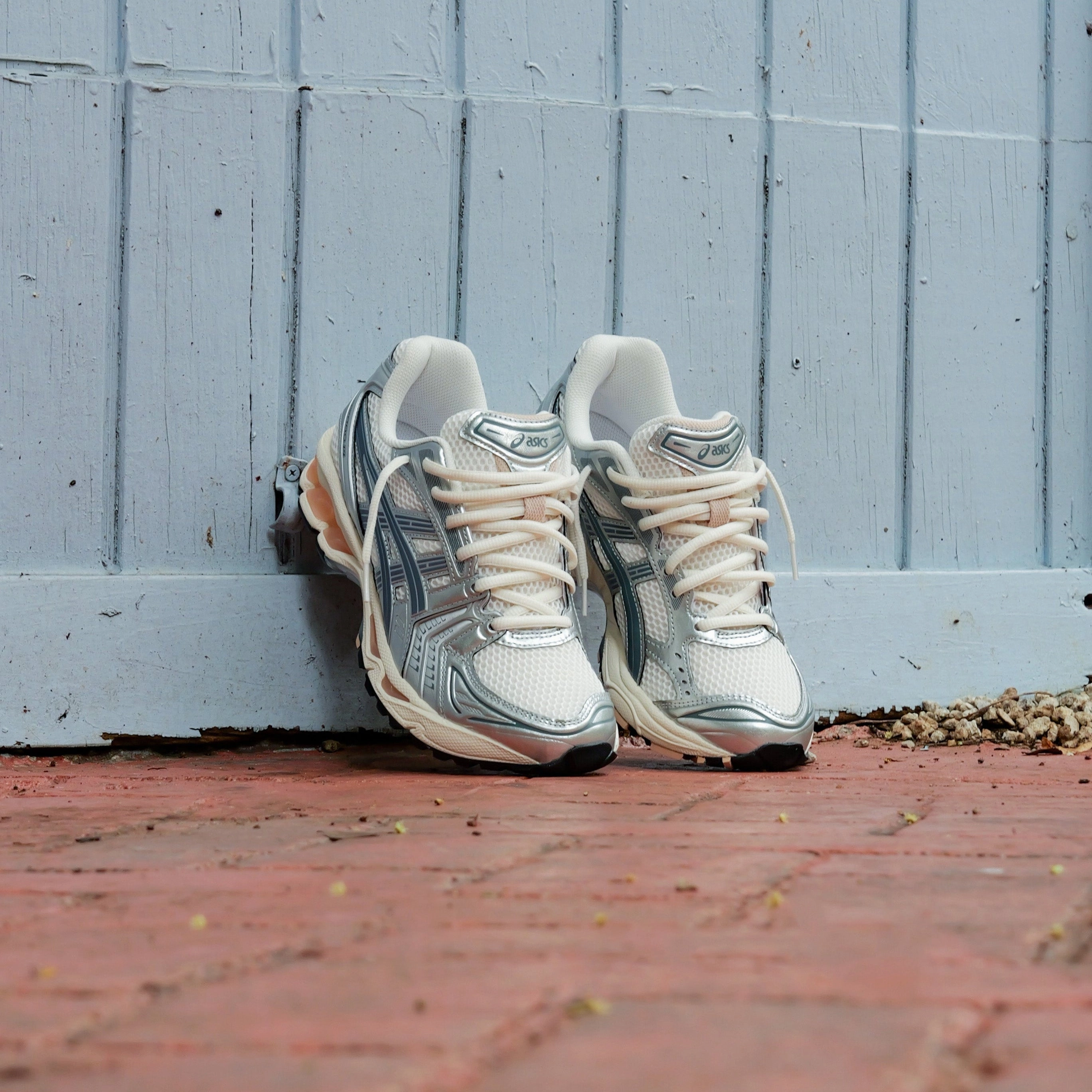 Mens Asics Gel-Kayano 14 (Cream/Ironclad) running shoe close-up shots