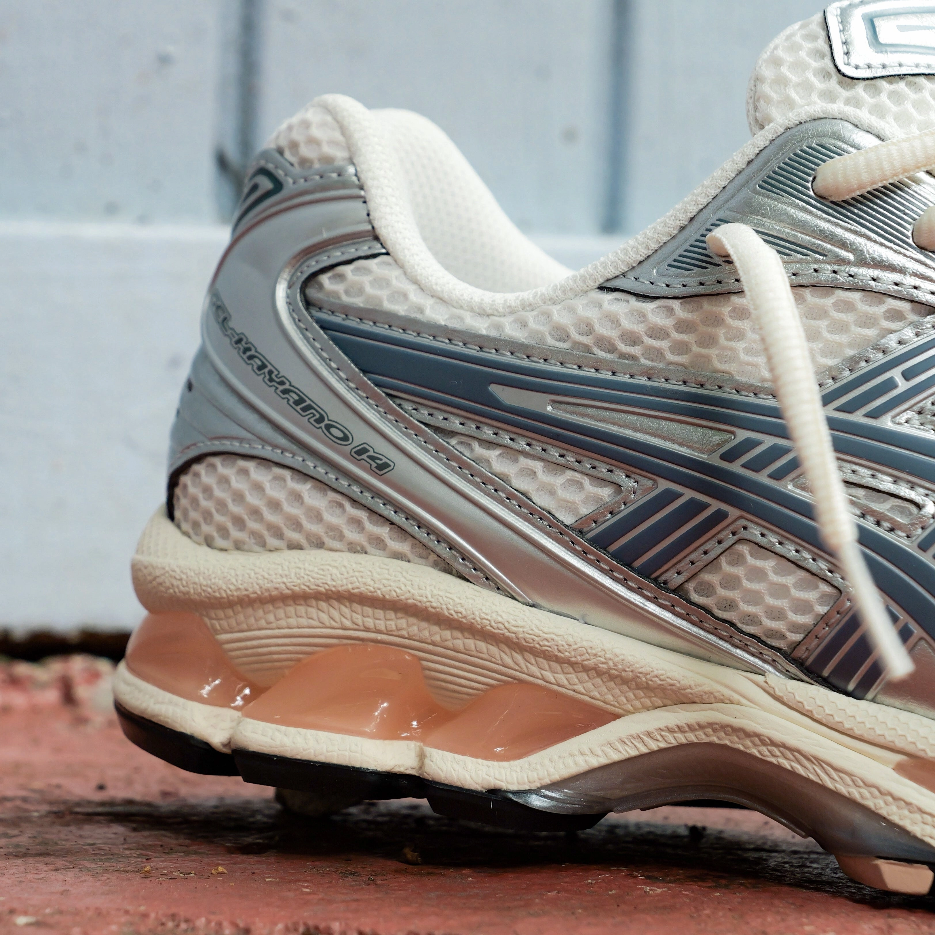 Mens Asics Gel-Kayano 14 (Cream/Ironclad) running shoe close-up shots