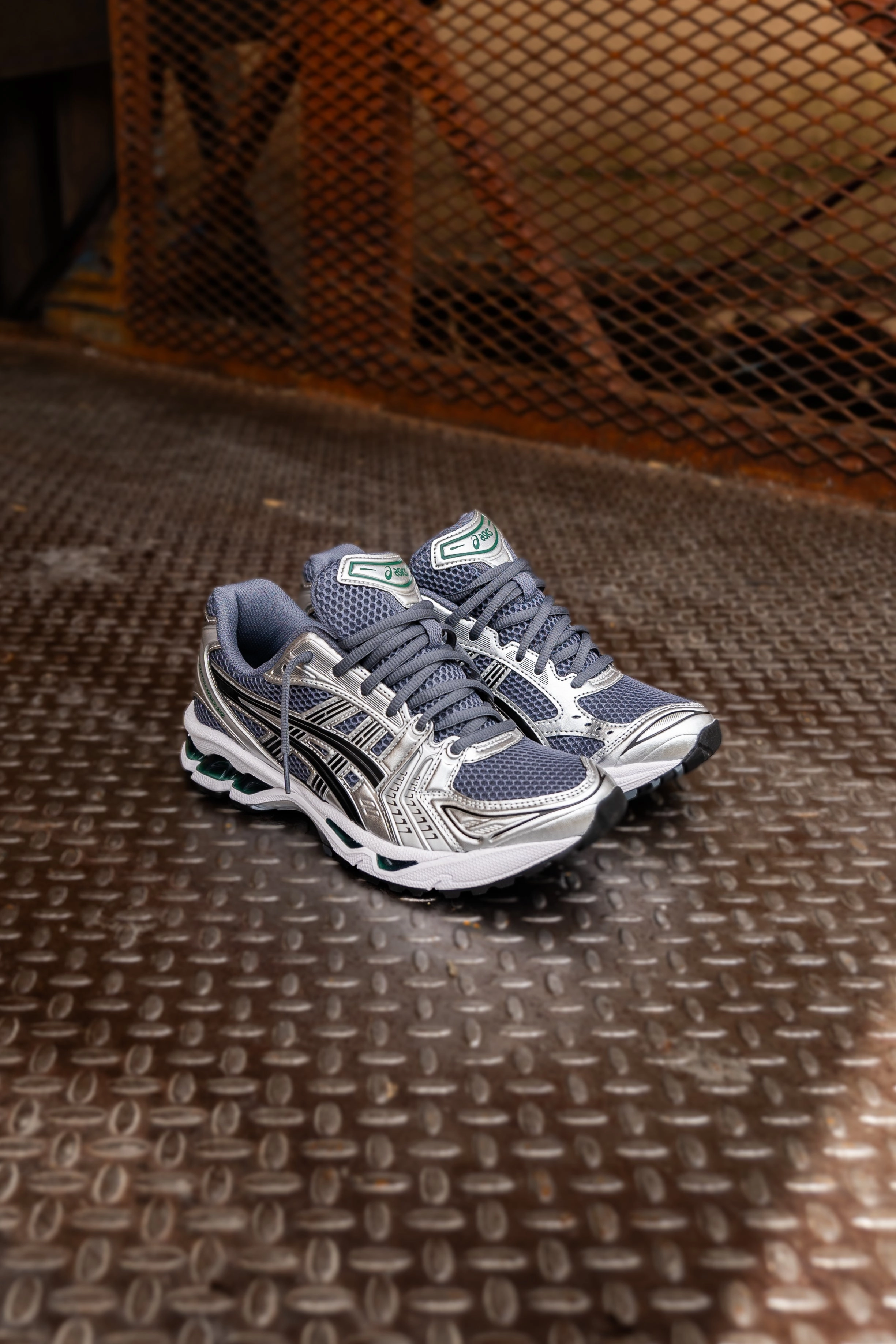 Mens Asics Gel-Kayano 14 (Metropolis/Jasper Green) running shoe close-up shots
