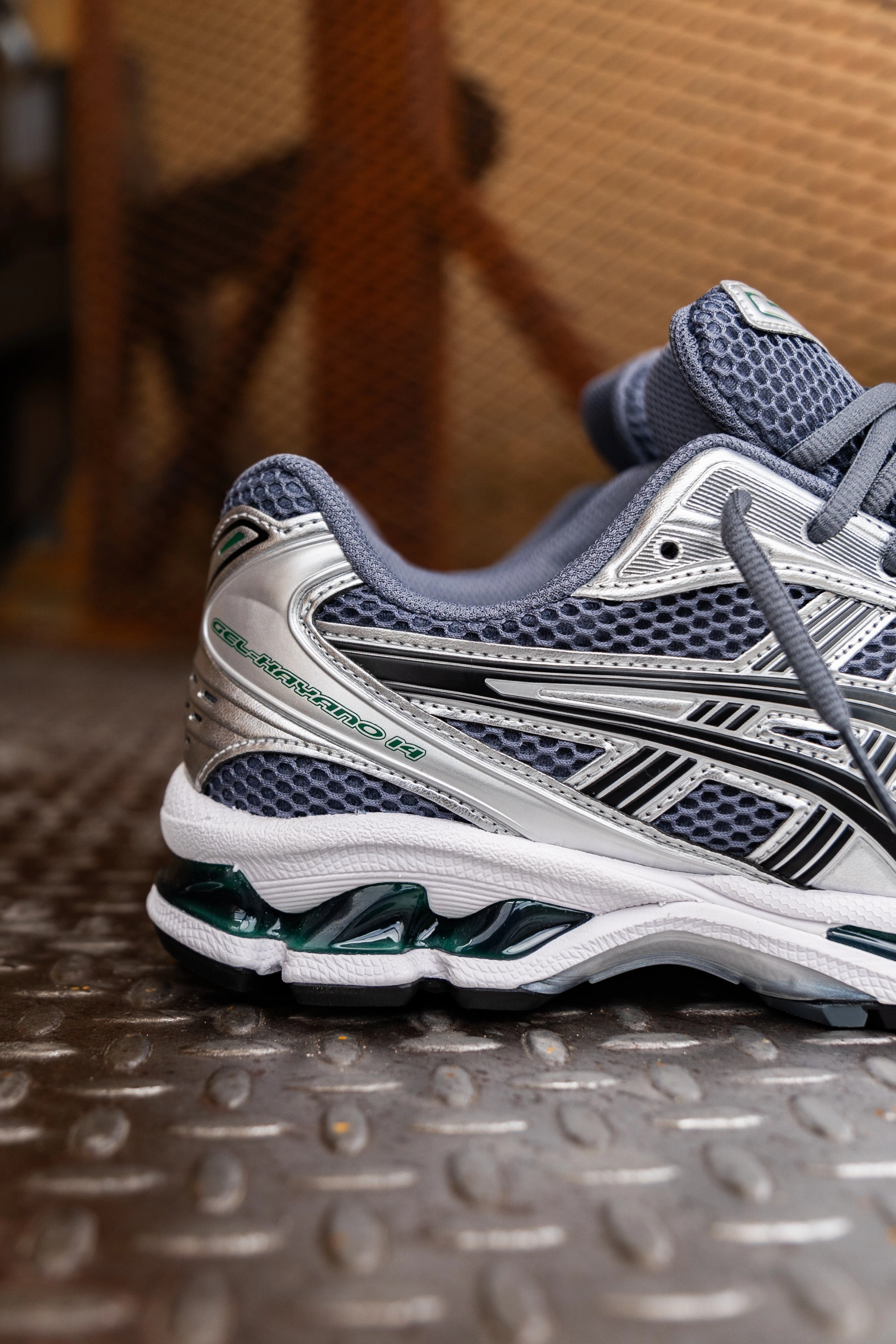 Mens Asics Gel-Kayano 14 (Metropolis/Jasper Green) running shoe close-up shots