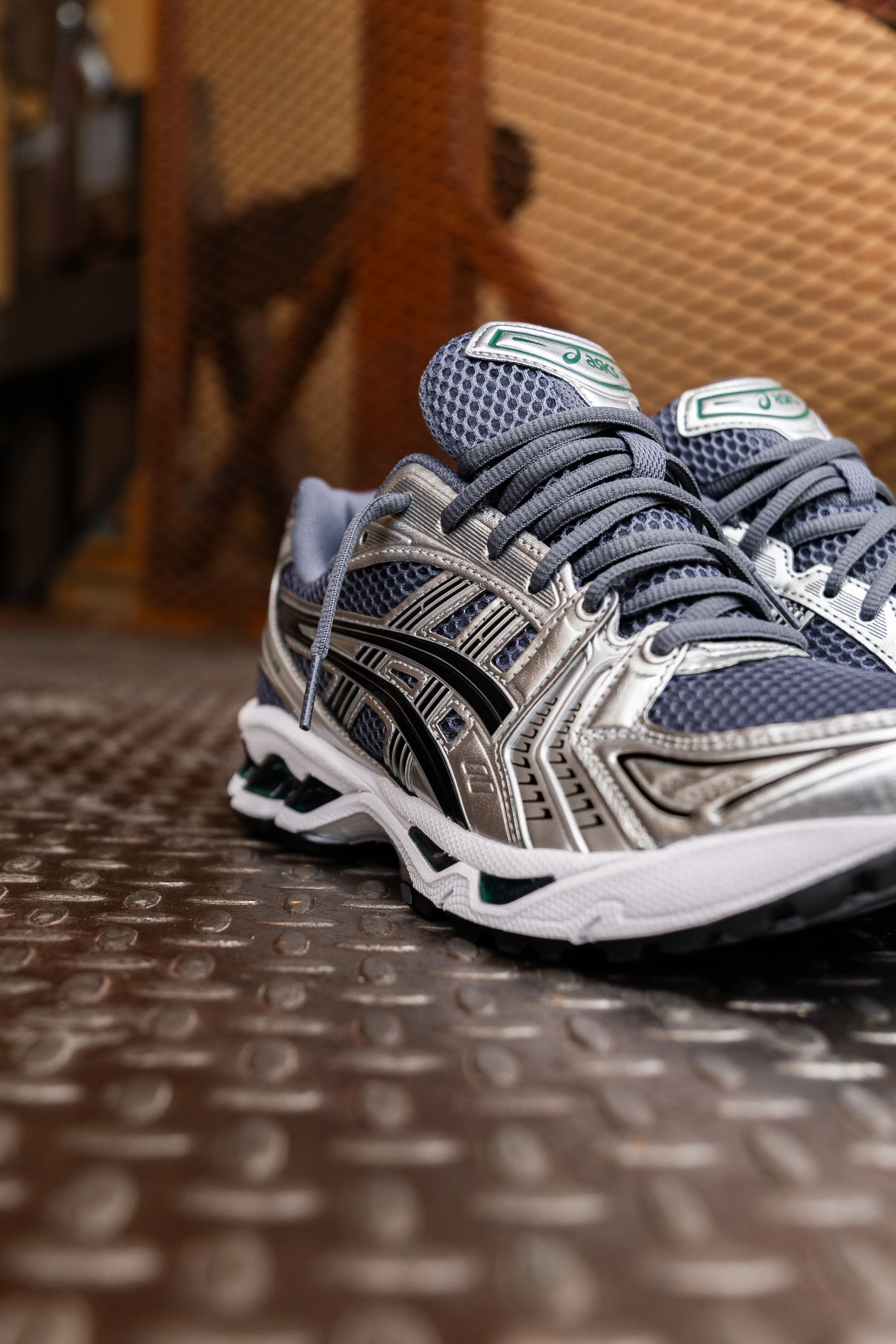 Mens Asics Gel-Kayano 14 (Metropolis/Jasper Green) running shoe close-up shots