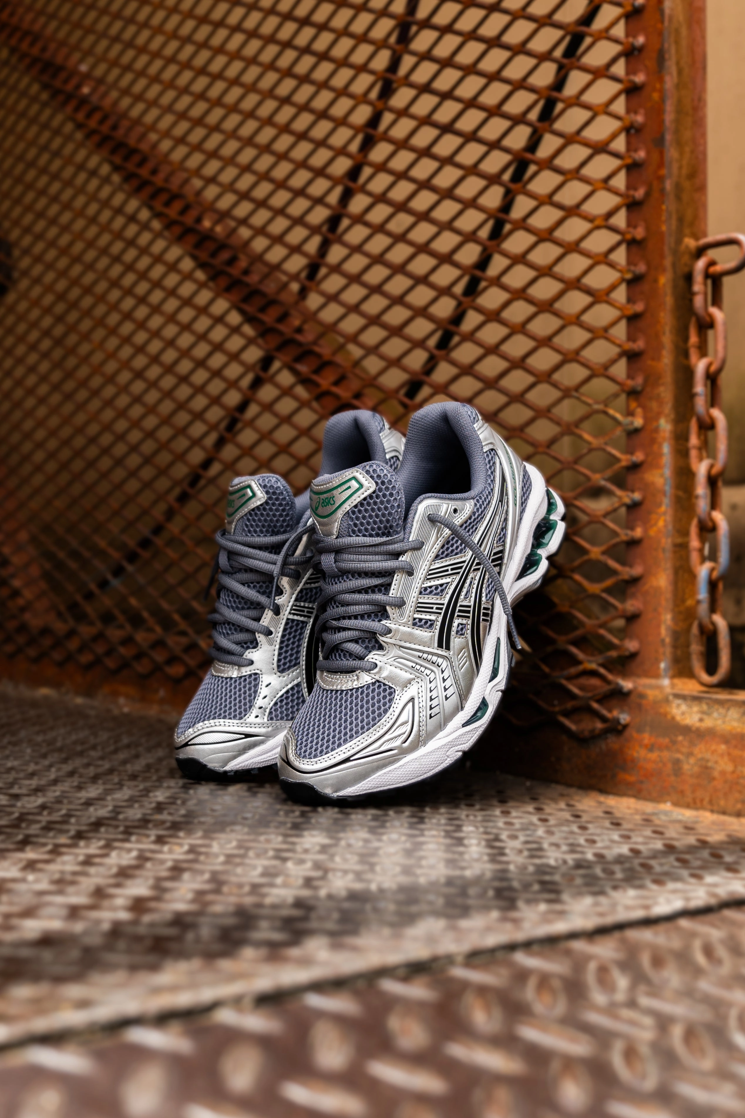 Mens Asics Gel-Kayano 14 (Metropolis/Jasper Green) running shoe close-up shots
