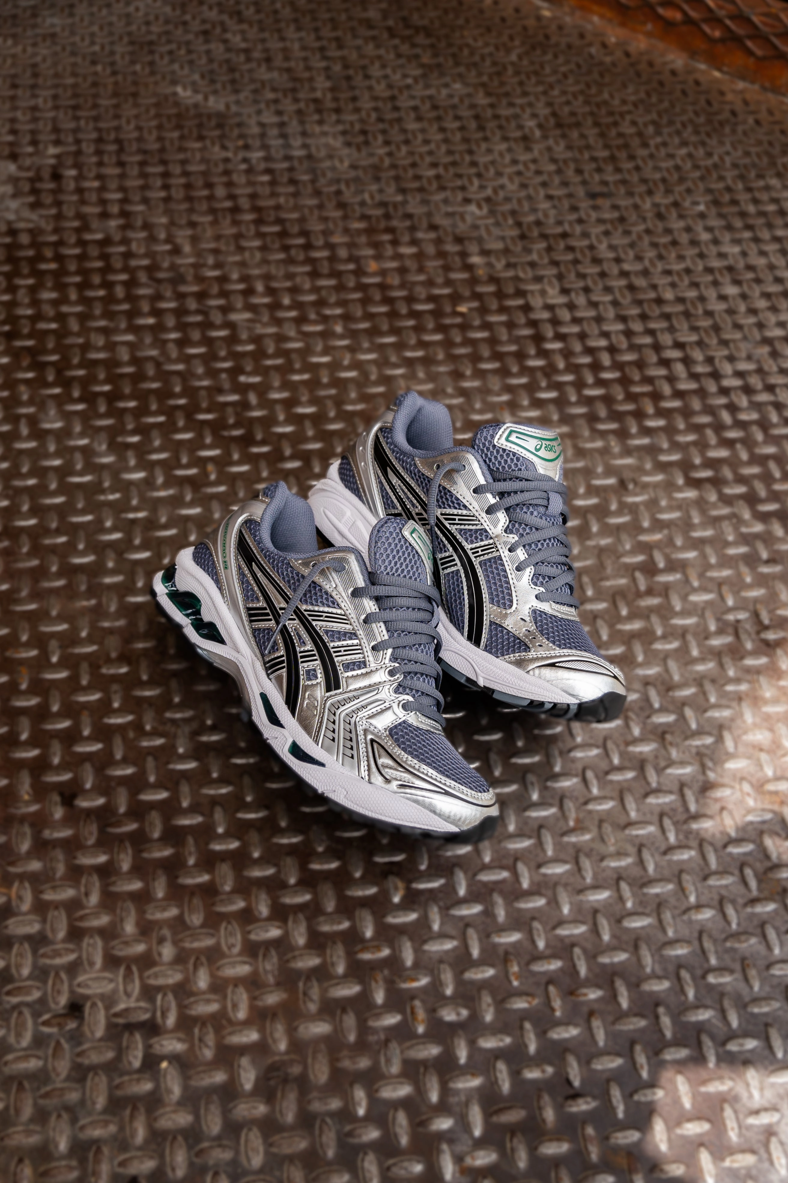 Mens Asics Gel-Kayano 14 (Metropolis/Jasper Green) running shoe close-up shots