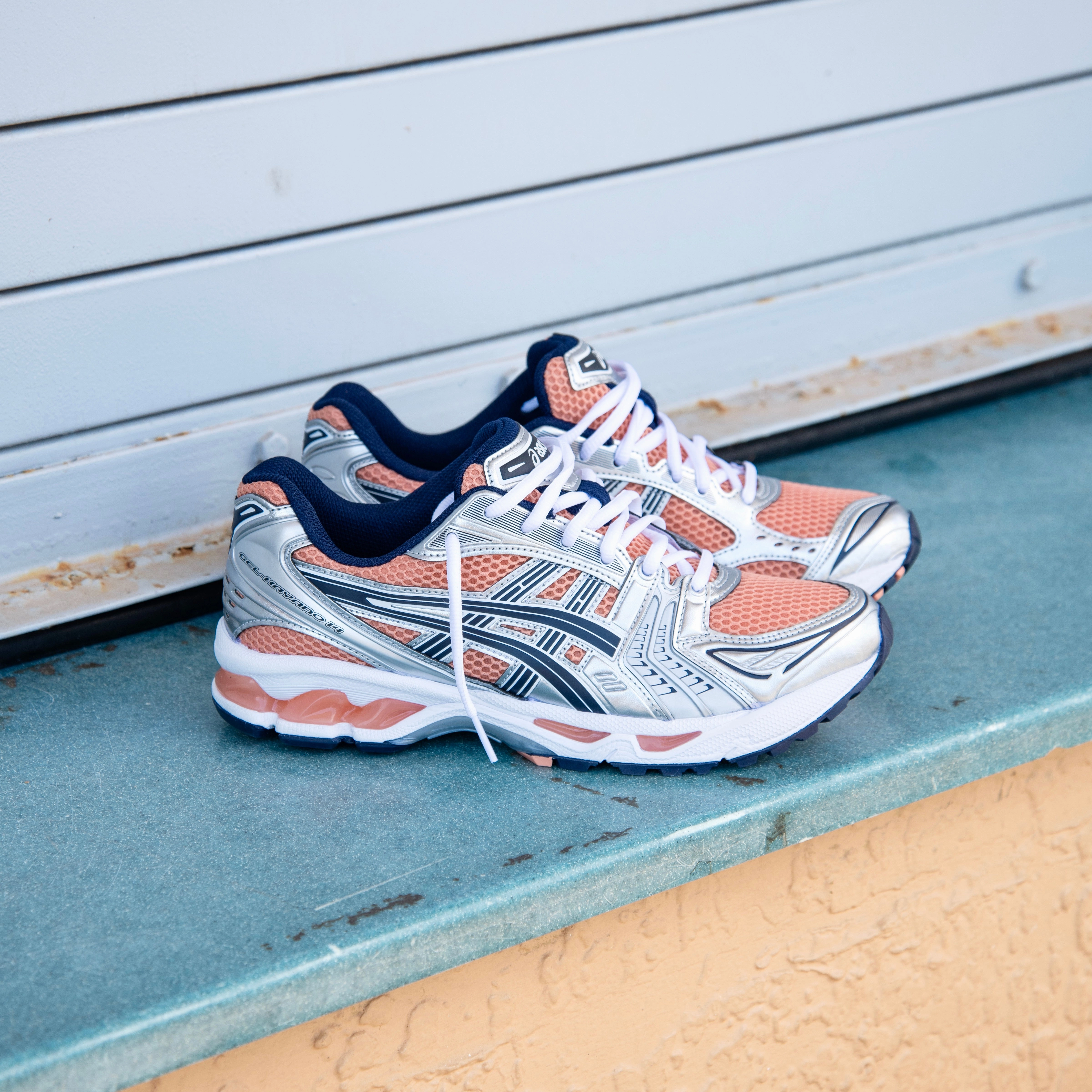 Mens Asics Gel-Kayano 14 (Sepia/Pure Silver) running shoe close-up shots