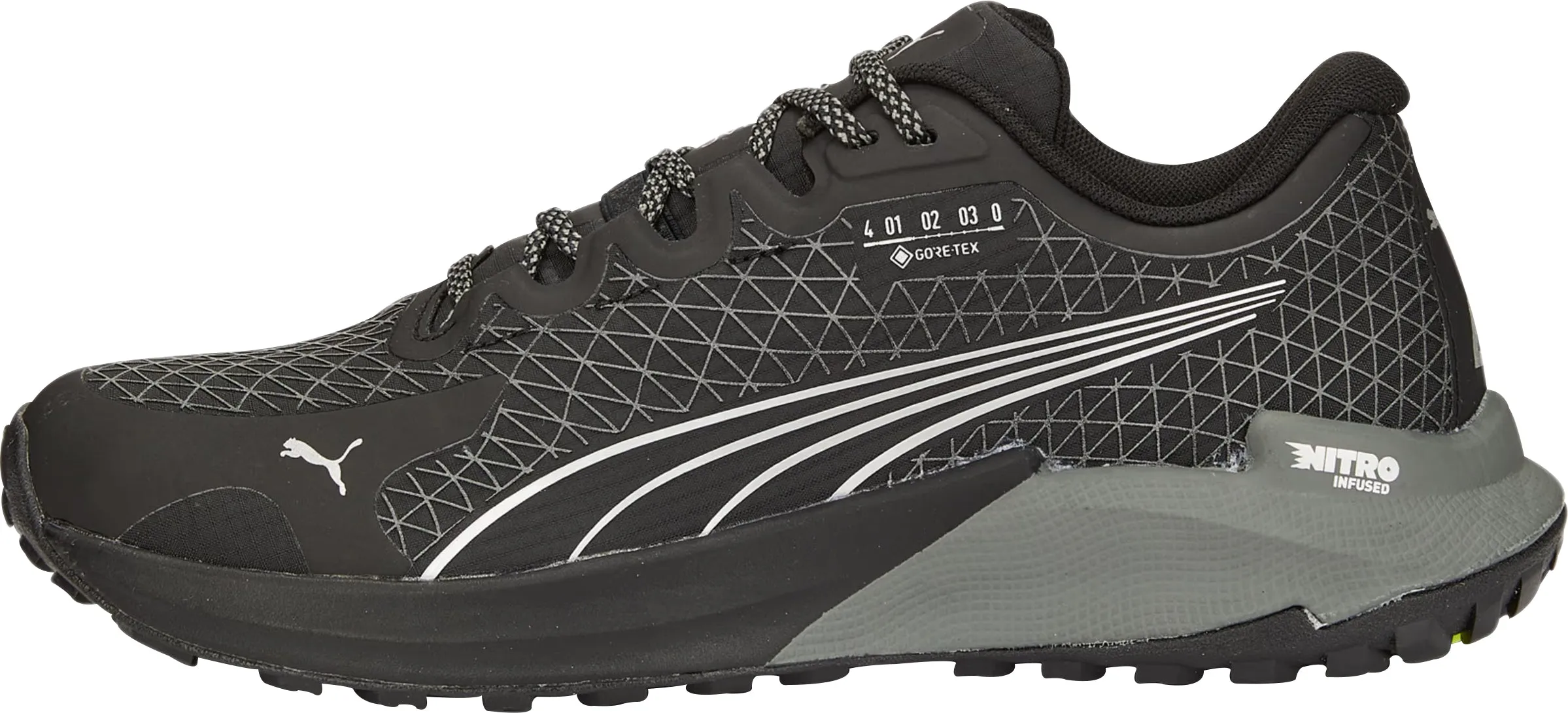 Puma Fast-Trac Nitro GORE-TEX Womens Trail Running Shoes - Black Puma sport shoes with bold branding
