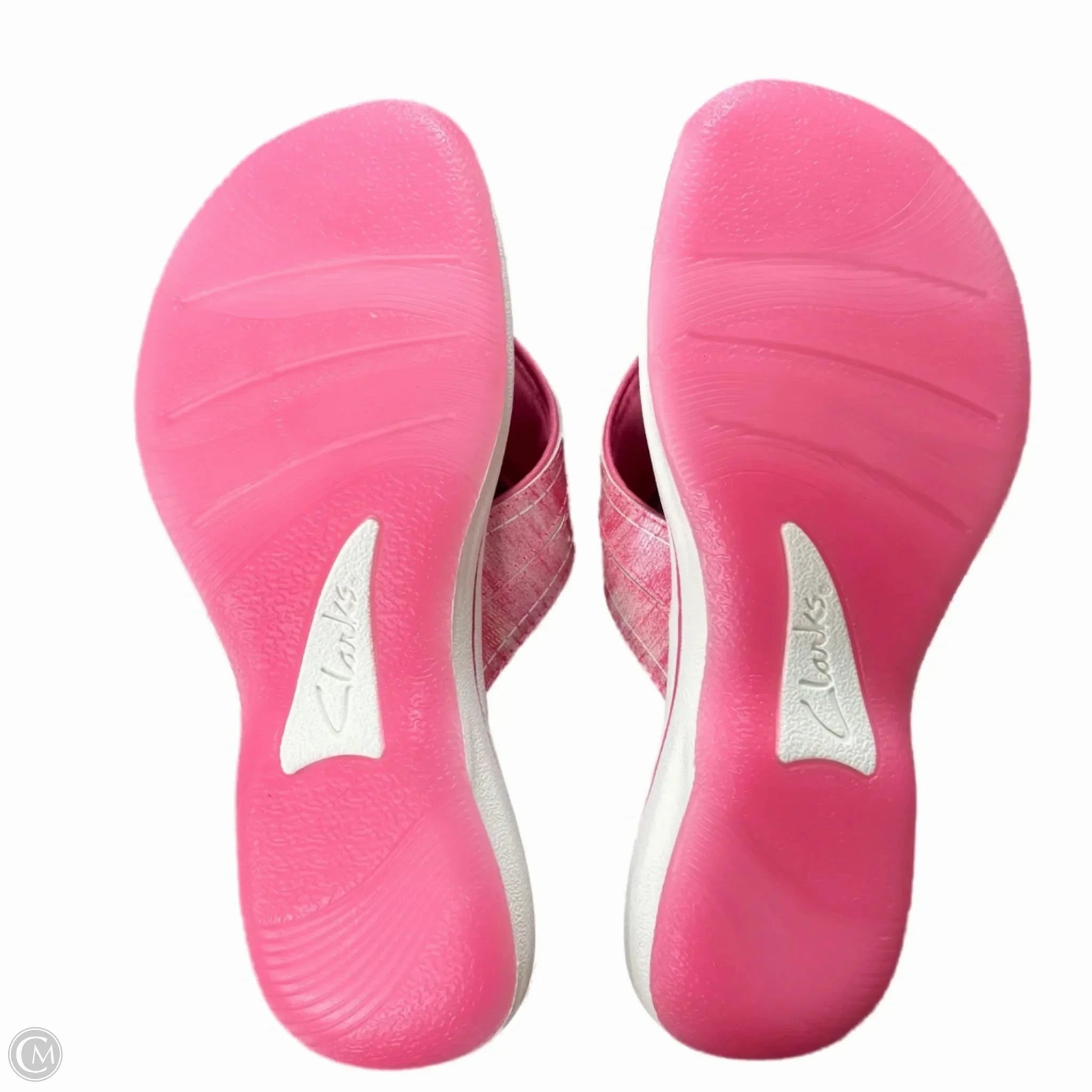 Sandals Flip Flops By Clarks In Pink & White, Size: 5 Leather Footwear