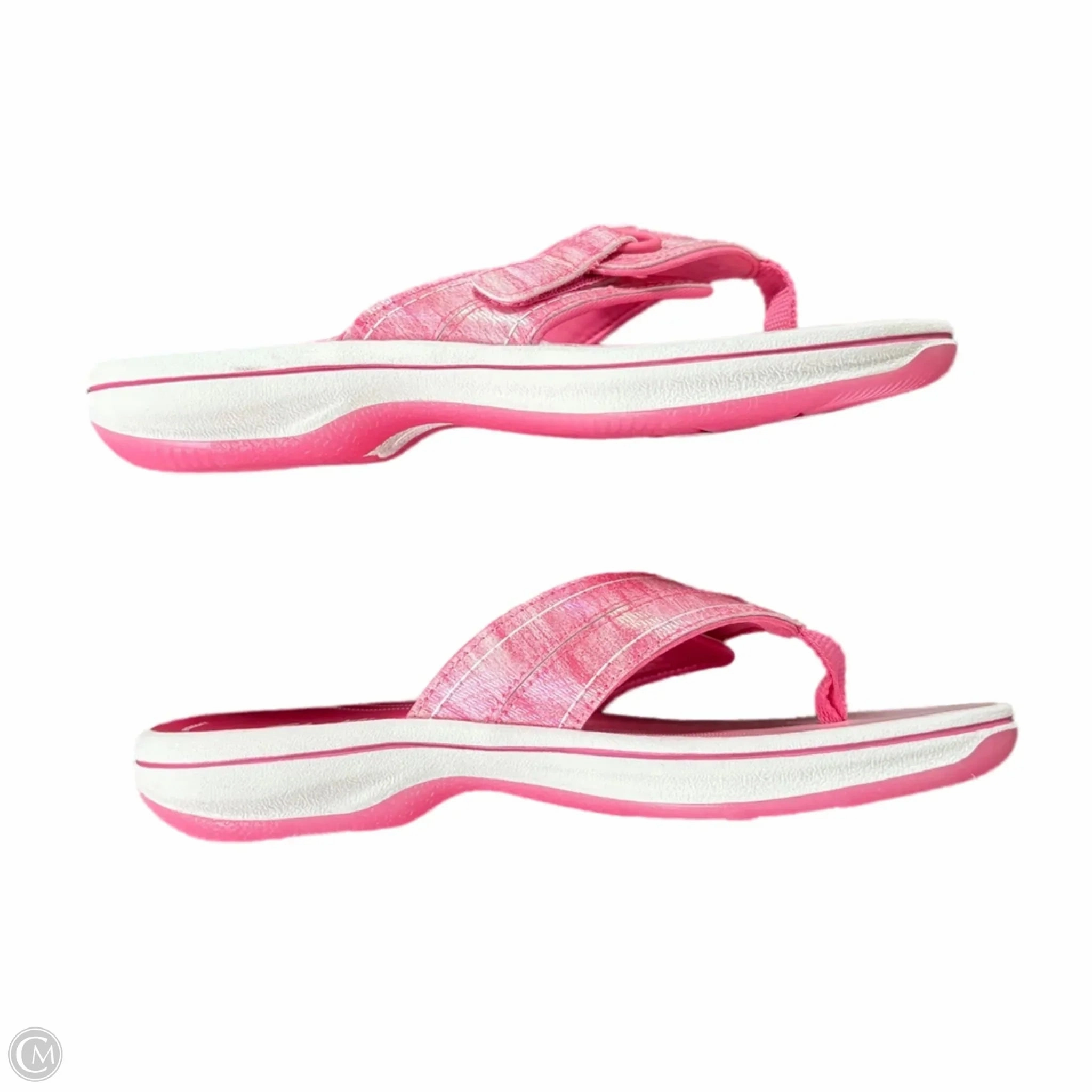 Sandals Flip Flops By Clarks In Pink & White, Size: 5 Leather Footwear