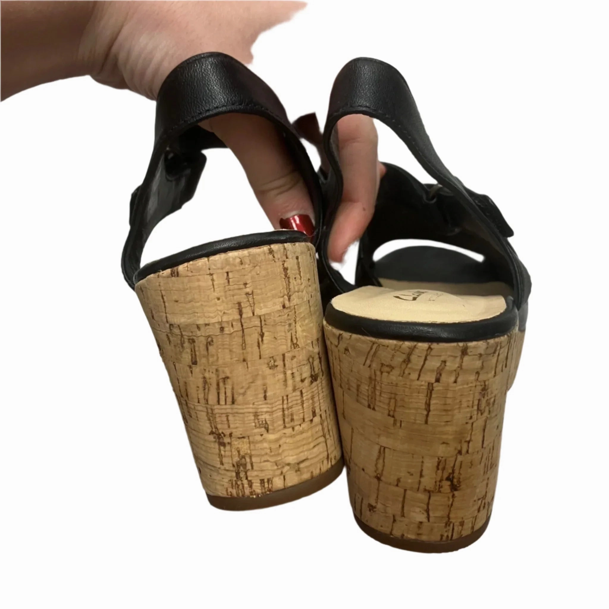 Sandals Heels Block By Clarks In Black & Cream, Size: 8.5 Leather Footwear
