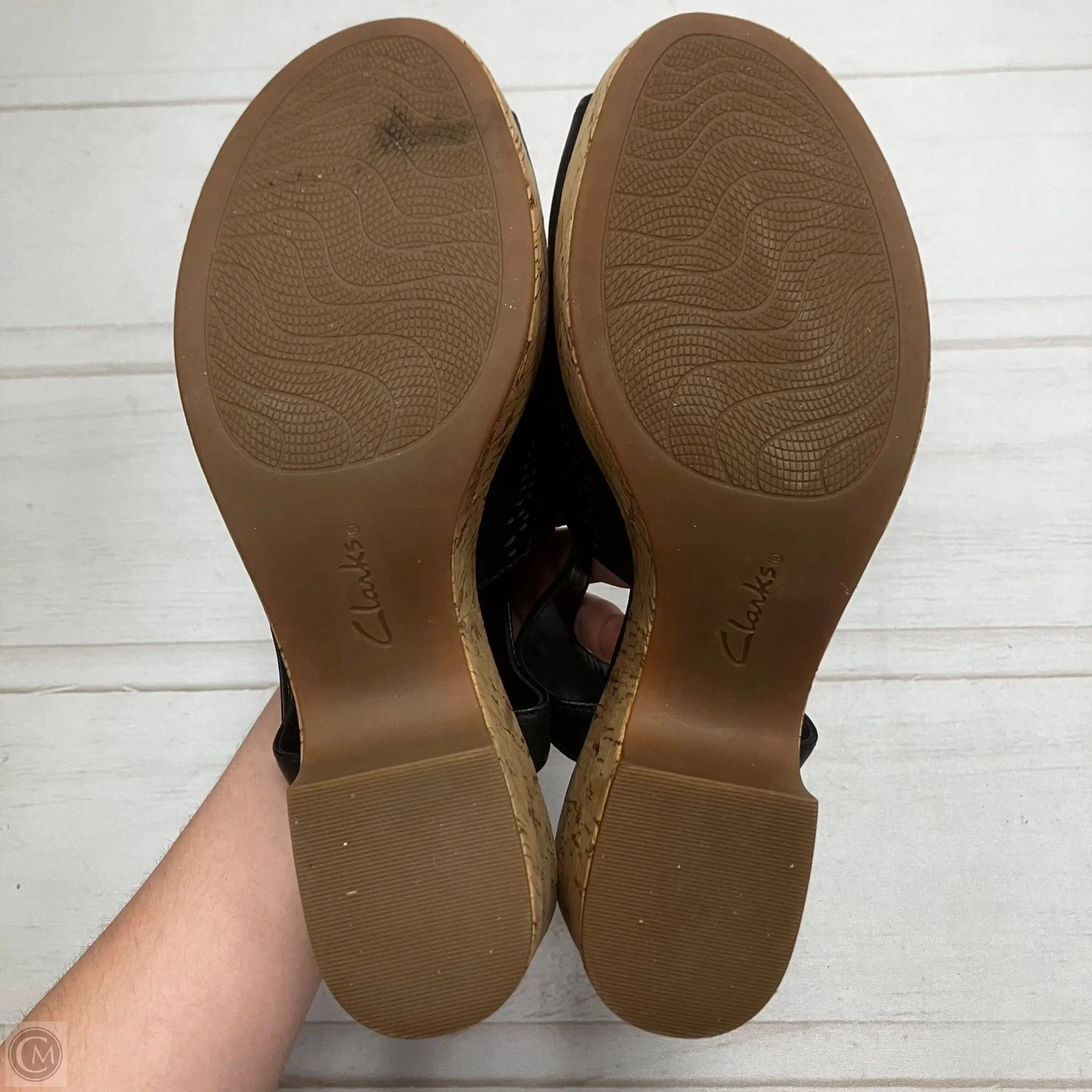 Sandals Heels Block By Clarks In Black & Cream, Size: 8.5 Leather Footwear