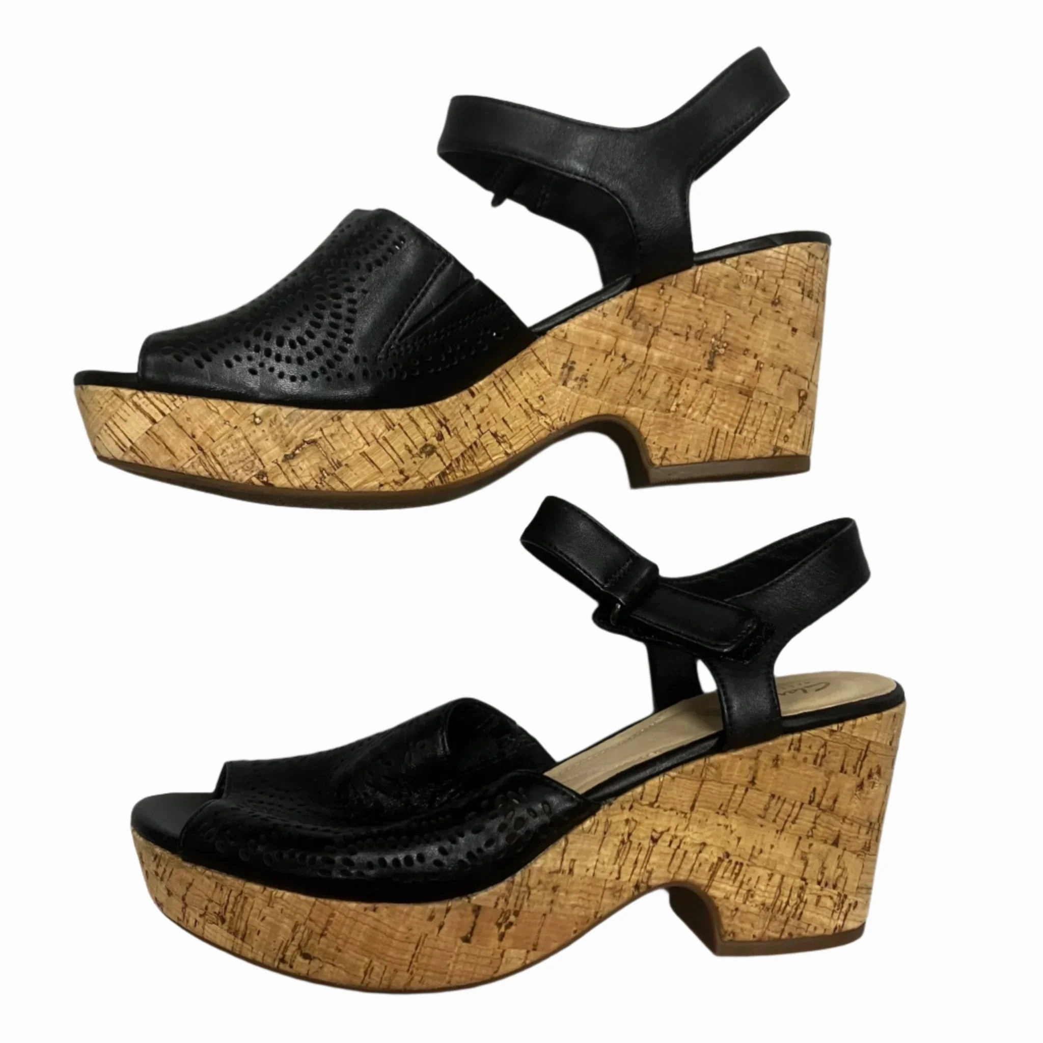 Sandals Heels Block By Clarks In Black & Cream, Size: 8.5 Leather Footwear