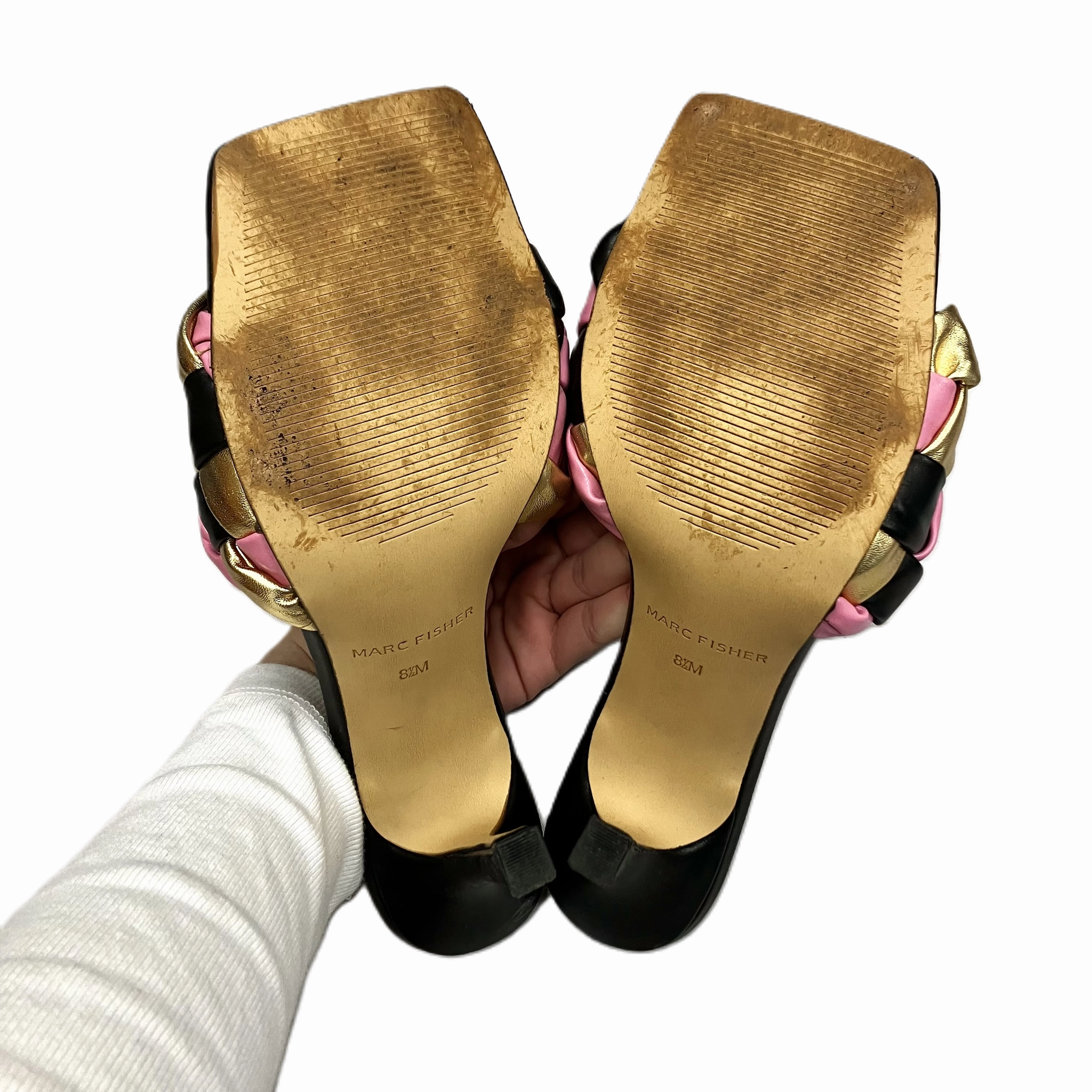 Sandals Heels Stiletto By Marc Fisher In Black & Gold, Size: 8.5 Fashion Heels