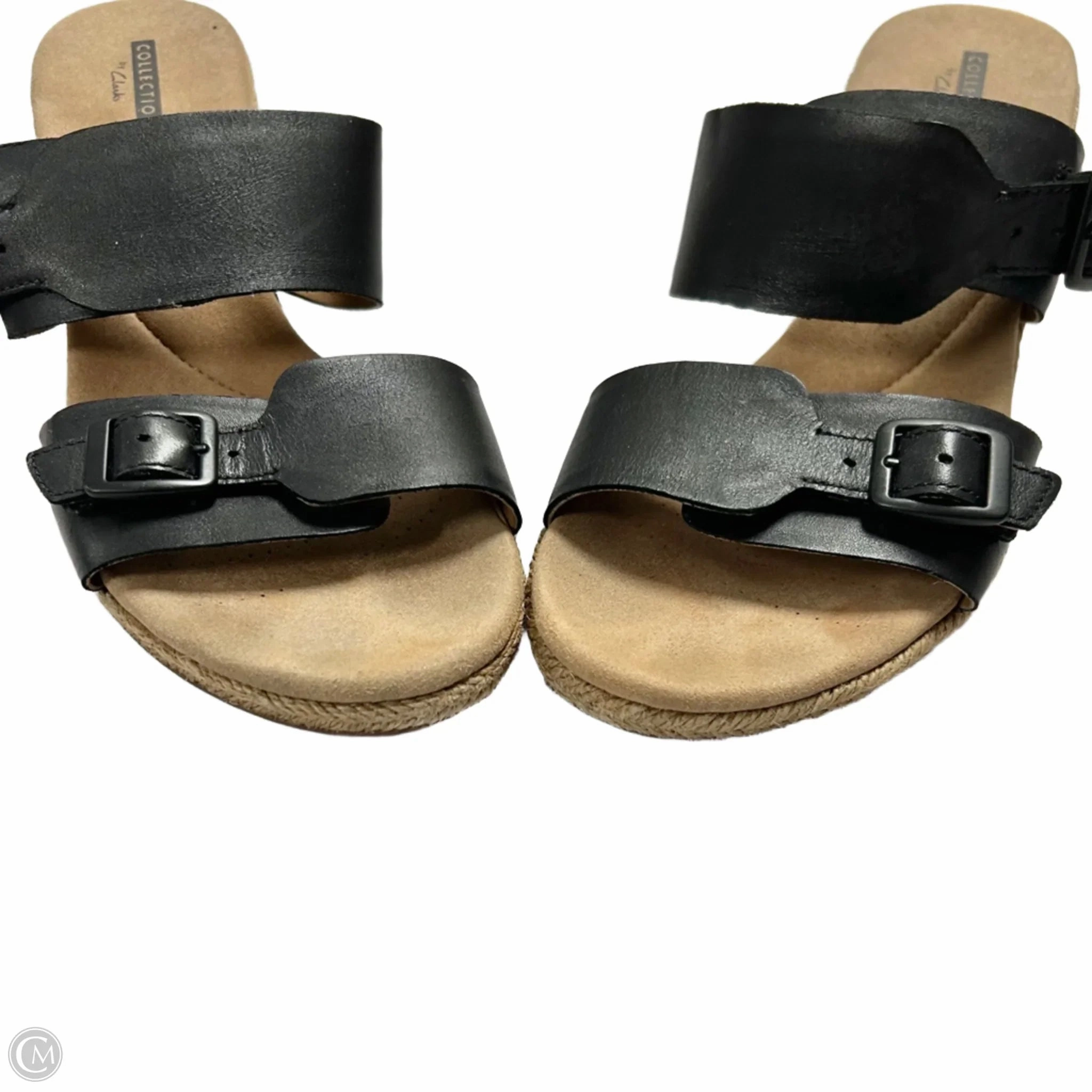 Sandals Heels Wedge By Clarks In Black & Tan, Size: 9.5 Leather Footwear