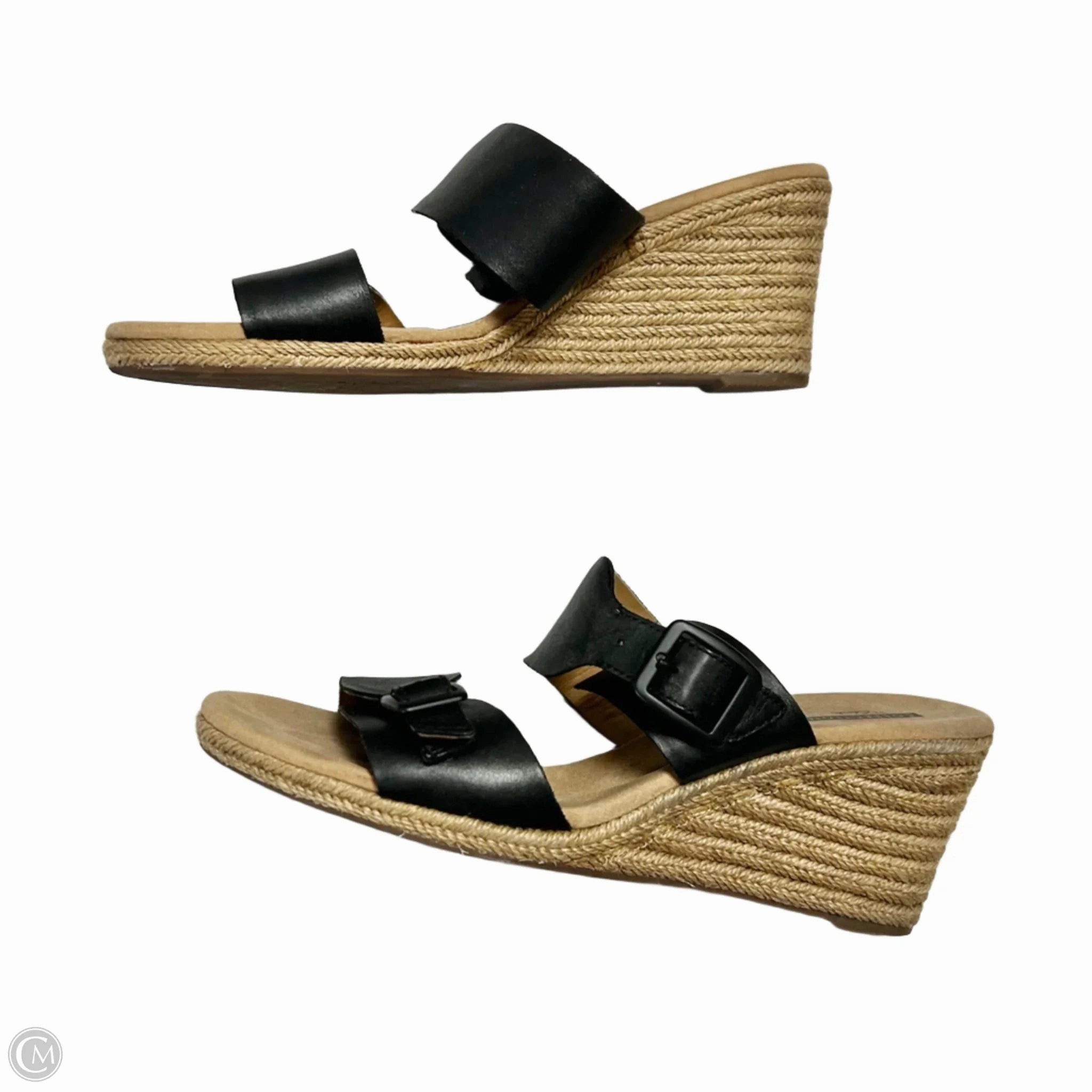 Sandals Heels Wedge By Clarks In Black & Tan, Size: 9.5 Leather Footwear