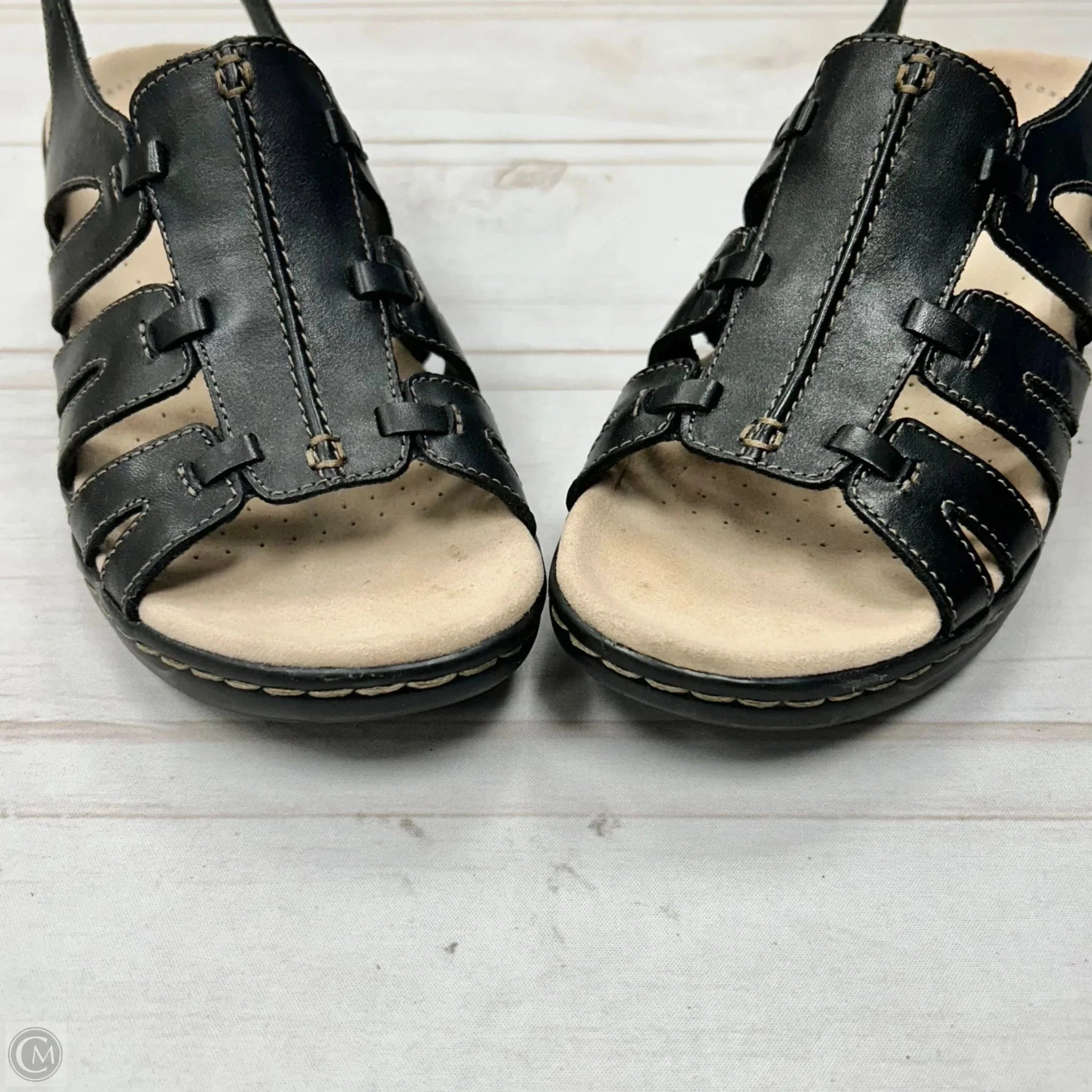 Sandals Heels Wedge By Clarks In Black, Size: 9.5 Leather Footwear